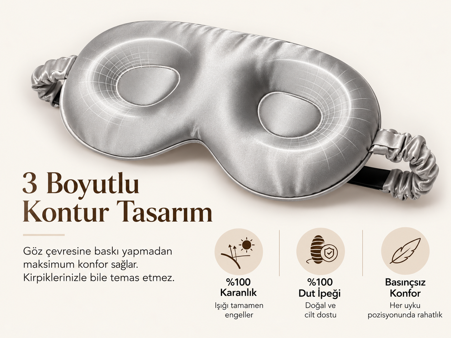 'Sleep & Glow' Üç Boyutlu Tam Karanlık Uyku Maskesi Göz Bandı (Gümüş Gri)