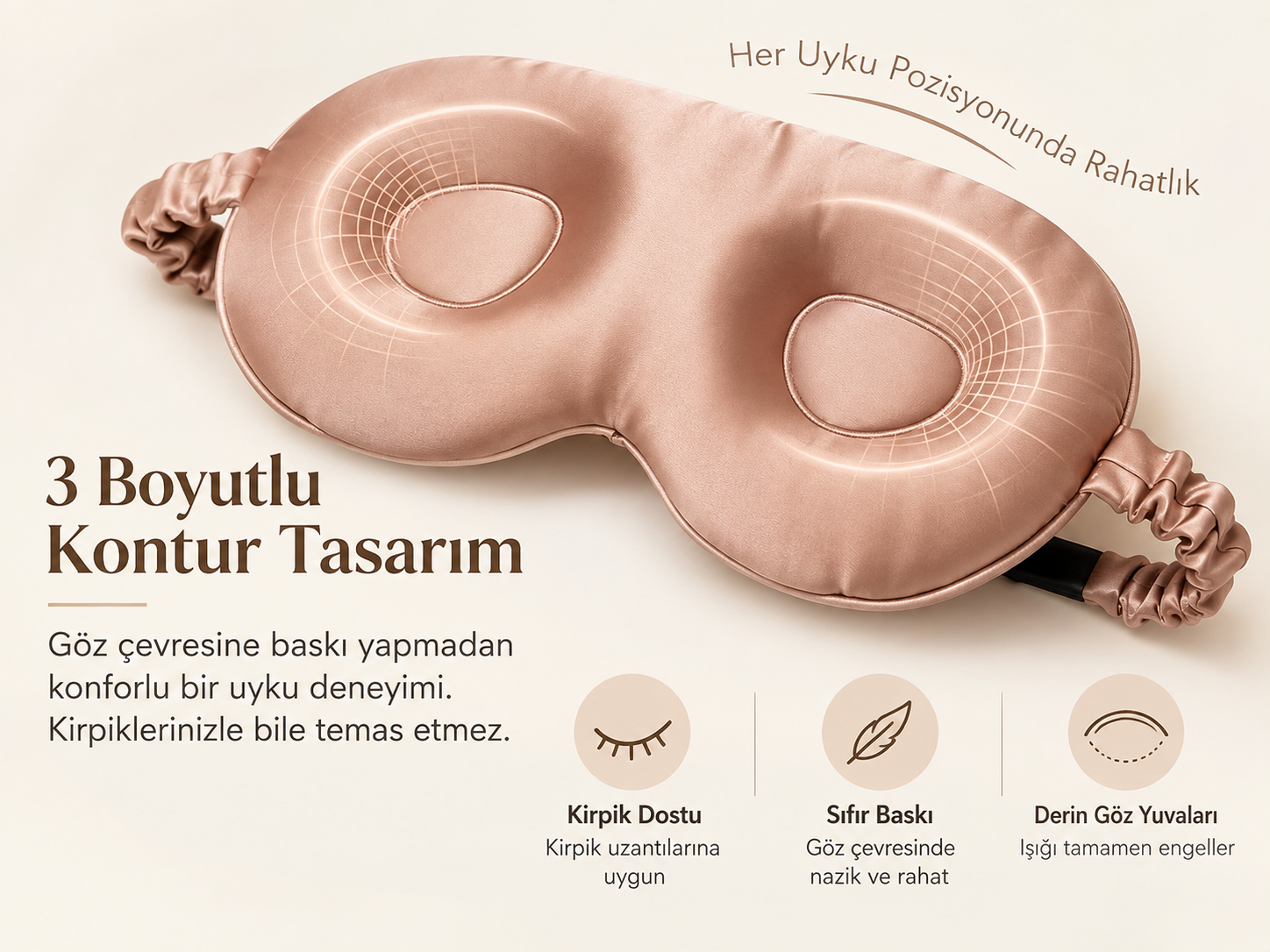  'Sleep & Glow' Üç Boyutlu Tam Karanlık Uyku Maskesi Göz Bandı (Gül Pembe)