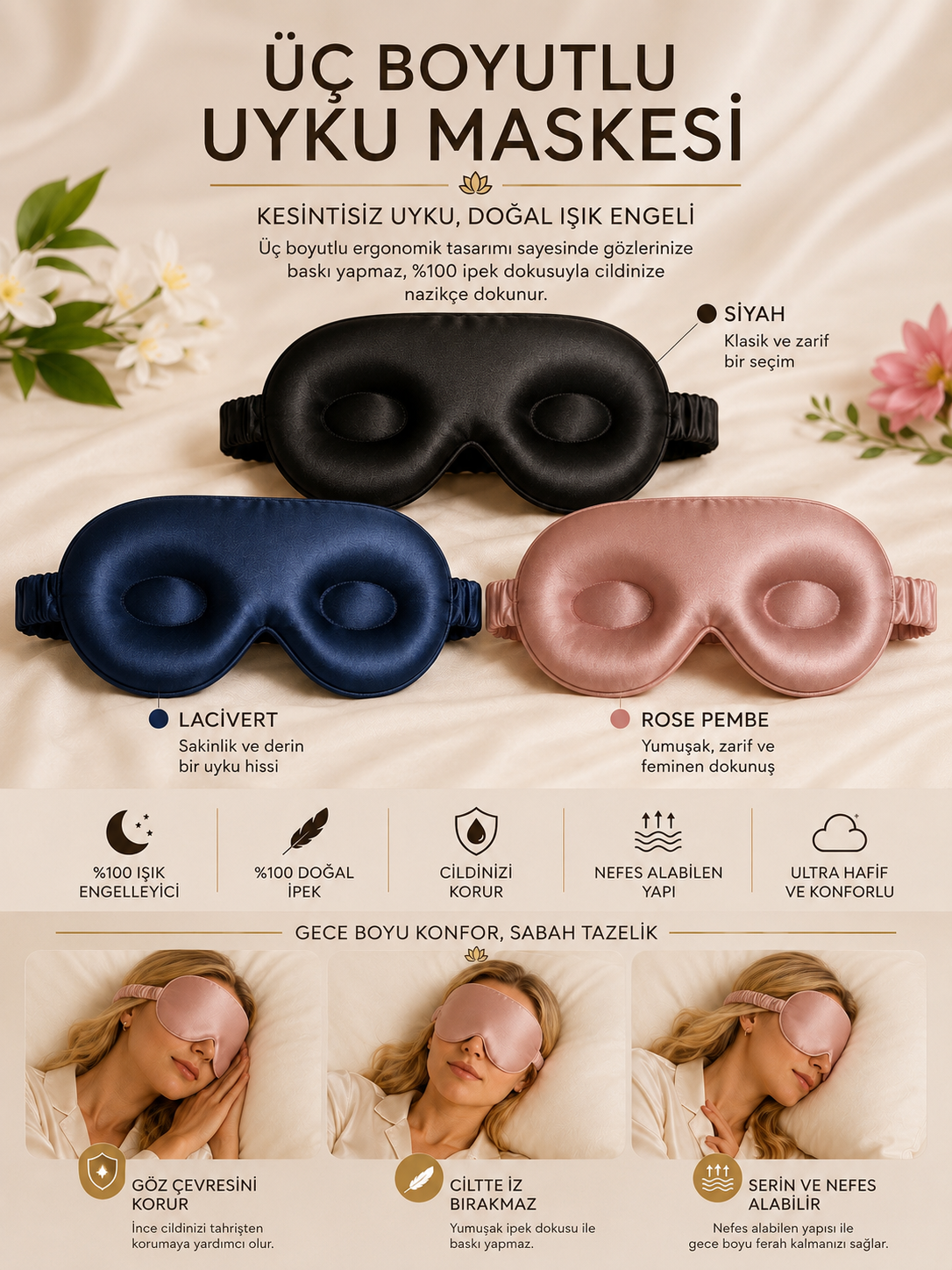  'Sleep & Glow' Üç Boyutlu Tam Karanlık Uyku Maskesi Göz Bandı (Siyah) 