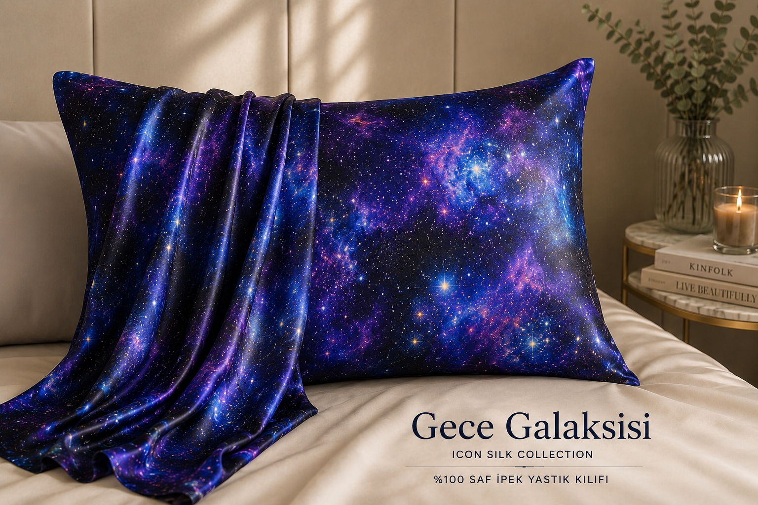 Gece Galaksisi - 'Sleep & Glow' Saf İpek Fermuarlı Yastık Kılıfı 