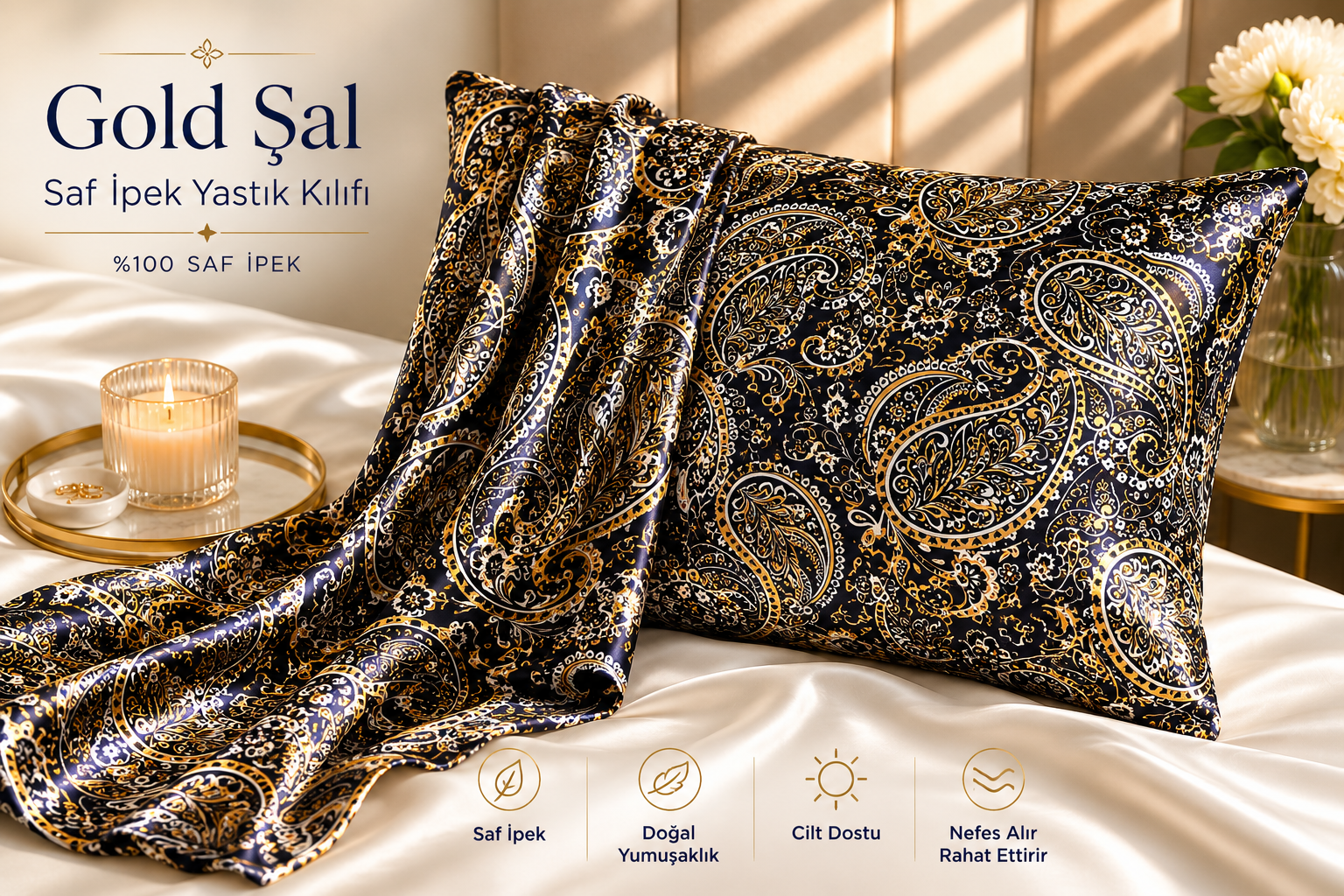 Gold Şal - 'Sleep & Glow' Saf İpek Fermuarlı Yastık Kılıfı 