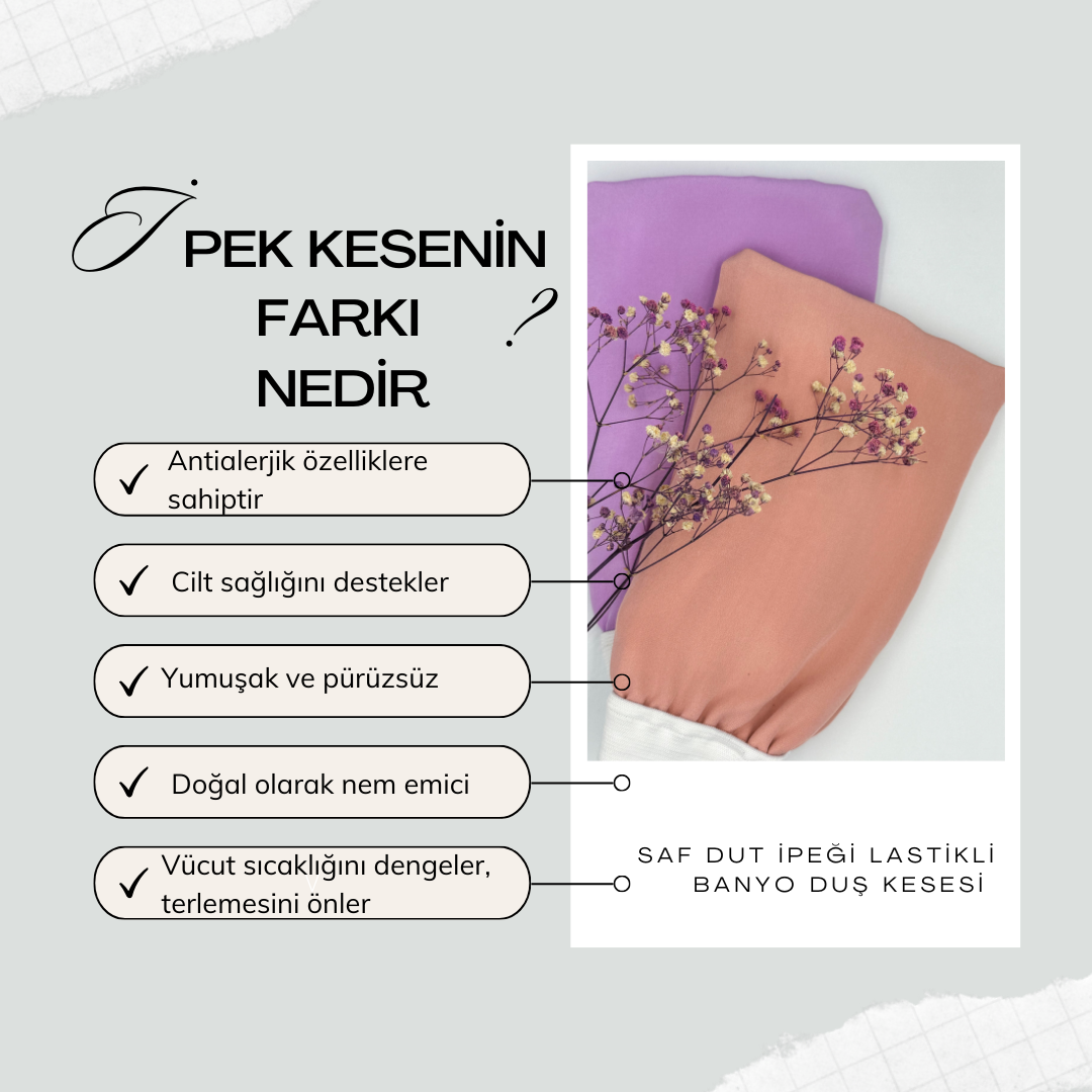 Gri - Saf Dut İpeği Lastikli Banyo Kesesi 