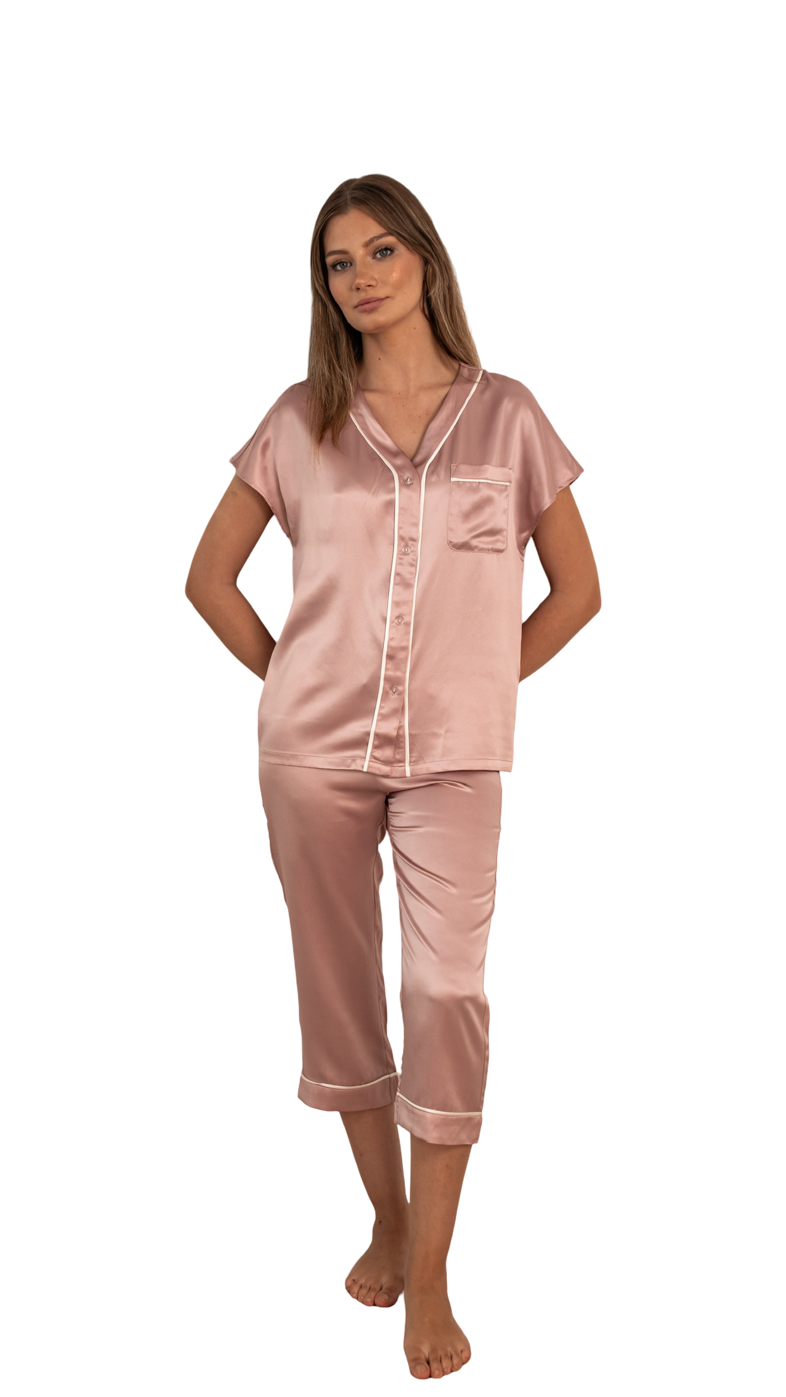 Gül Kurusu Beyaz Biyeli - Saf İpek Pijama Takımı