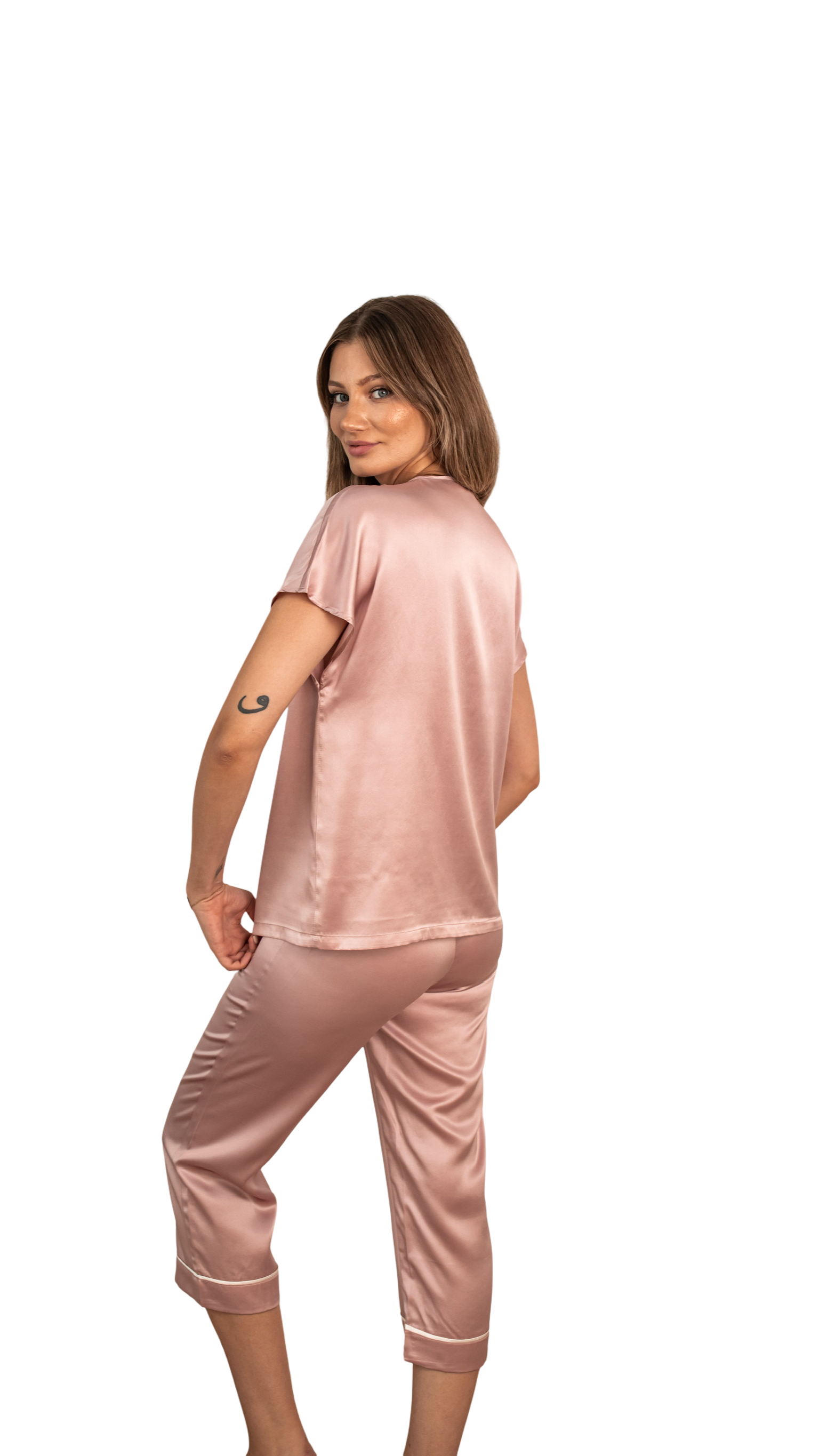 Gül Kurusu Beyaz Biyeli - Saf İpek Pijama Takımı