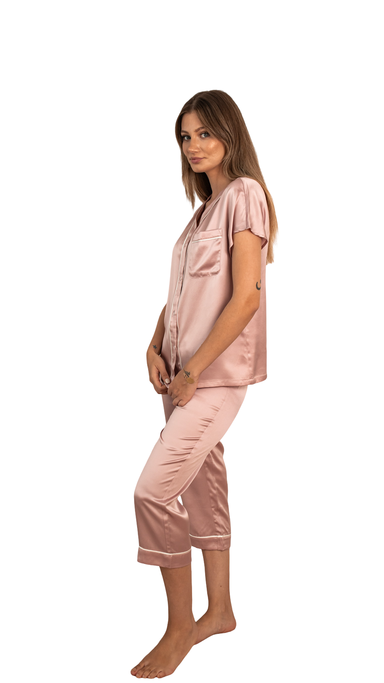 Gül Kurusu Beyaz Biyeli - Saf İpek Pijama Takımı