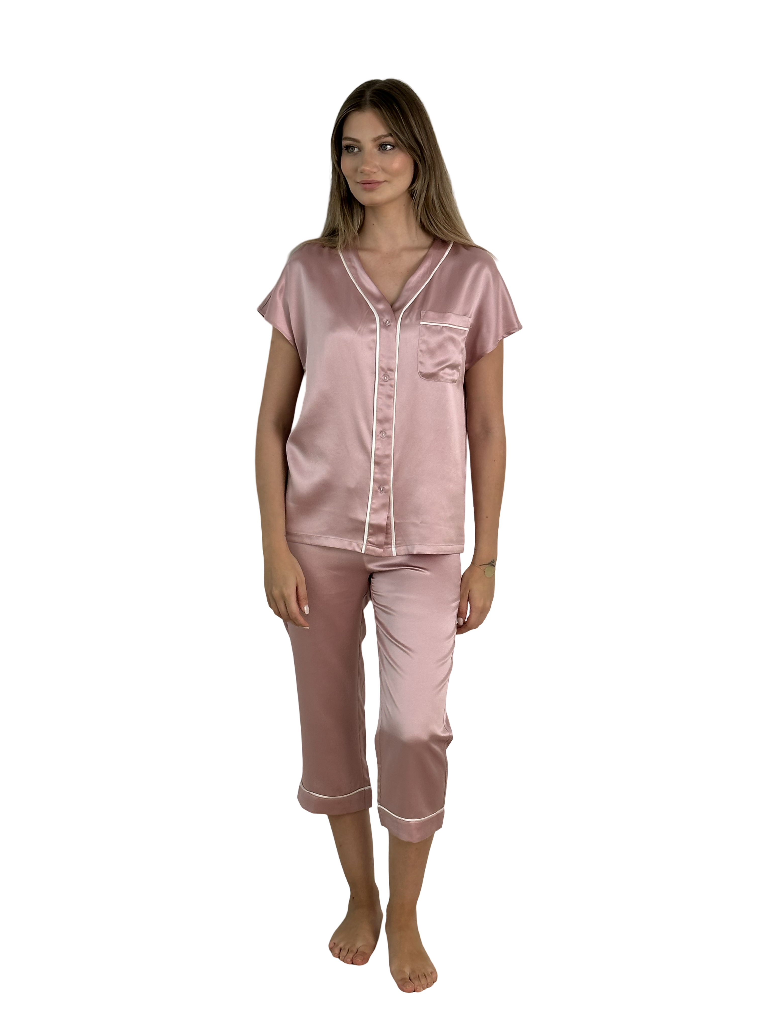 Gül Kurusu Beyaz Biyeli - Saf İpek Pijama Takımı