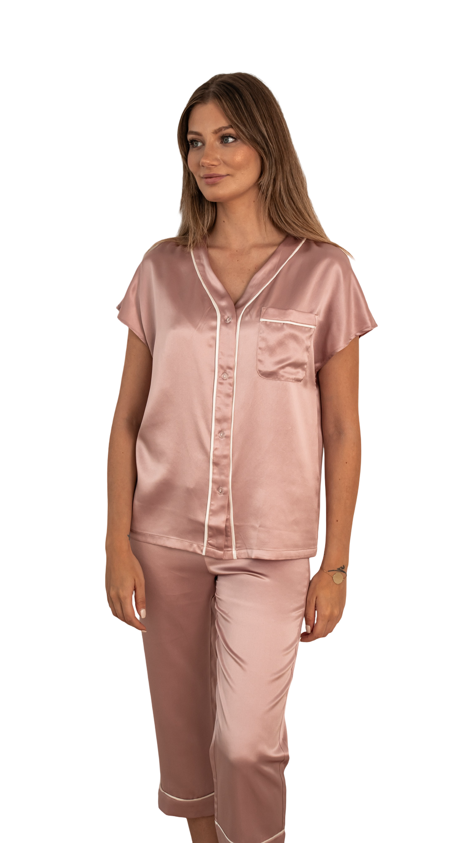 Gül Kurusu Beyaz Biyeli - Saf İpek Pijama Takımı