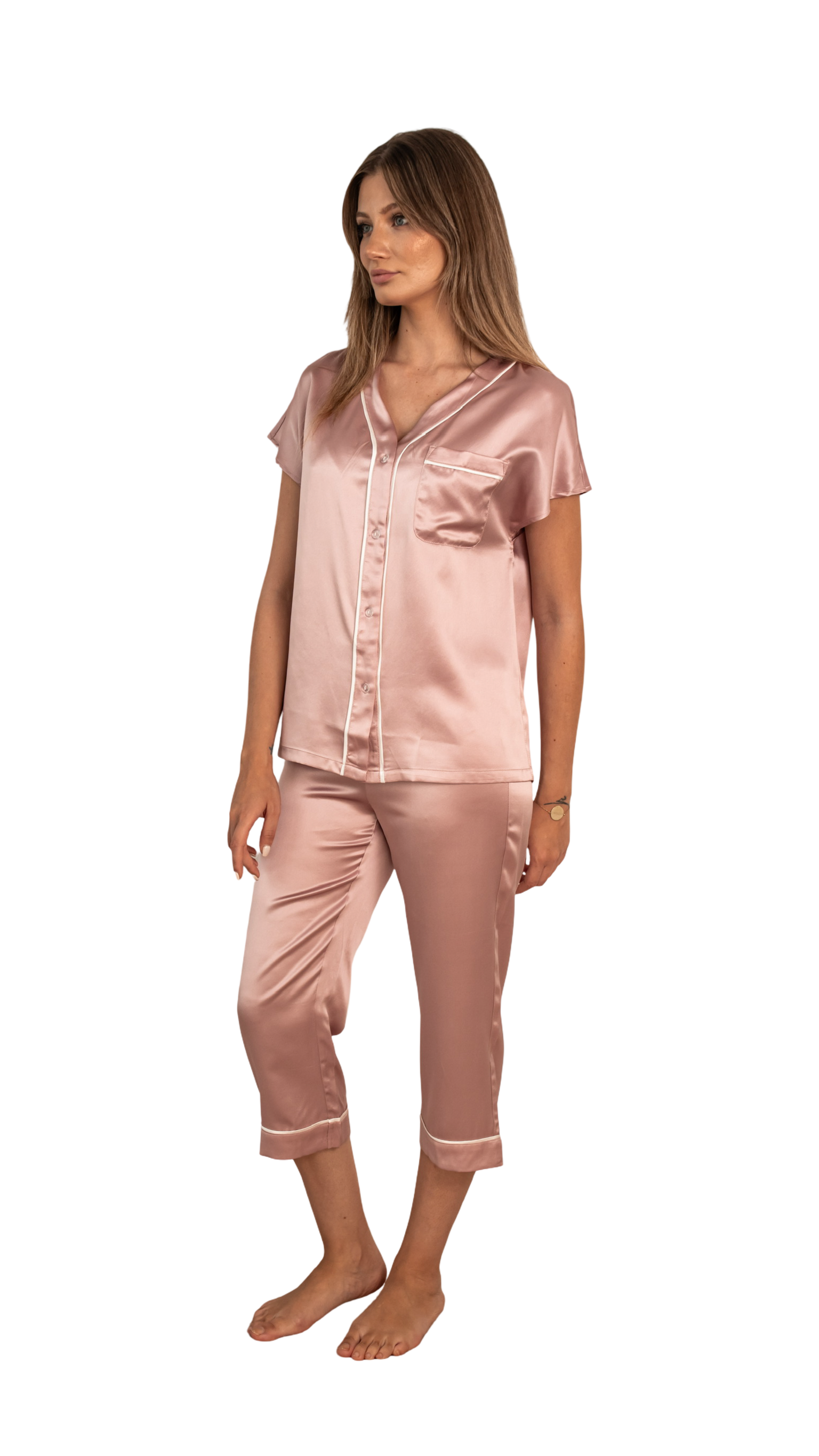 Gül Kurusu Beyaz Biyeli - Saf İpek Pijama Takımı