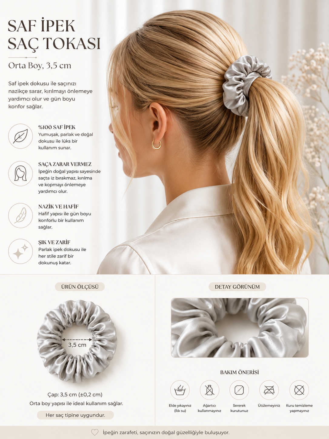 Medium Silver Grey Silk Scrunchie