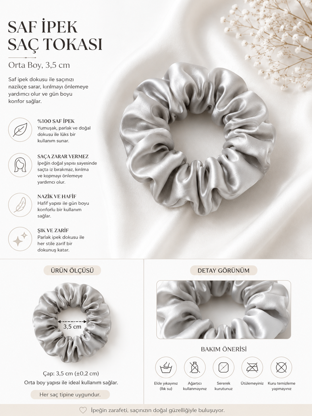 Medium Silver Grey Silk Scrunchie