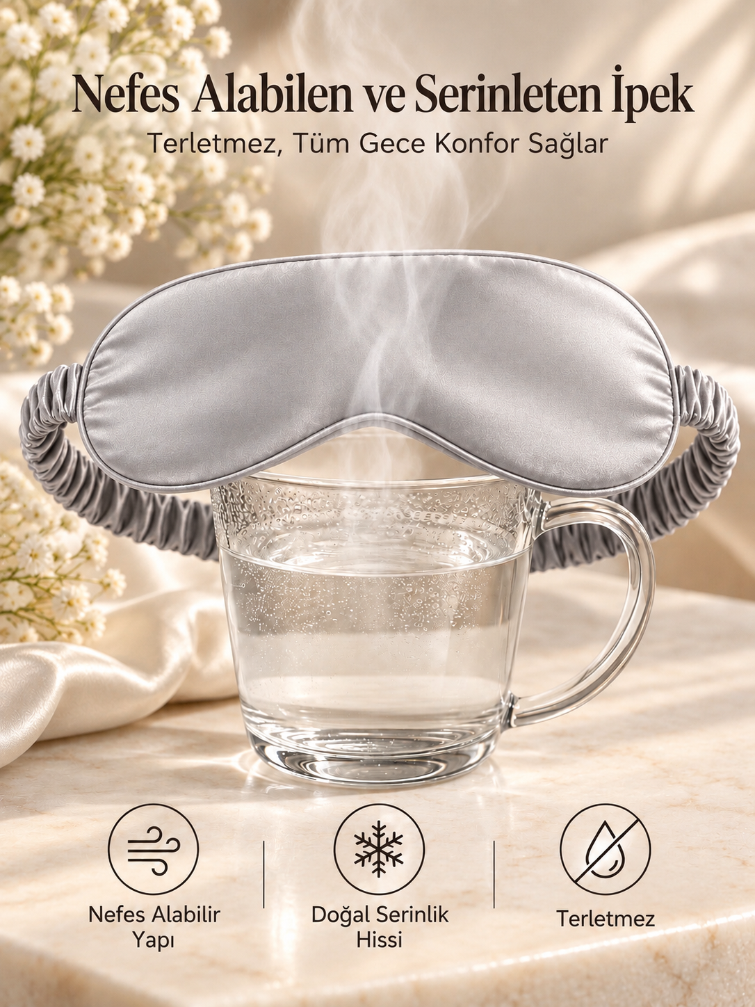 Gümüş Gri - 'Sleep & Glow' 19 momme Uyku Maskesi - Elastik Bantlı