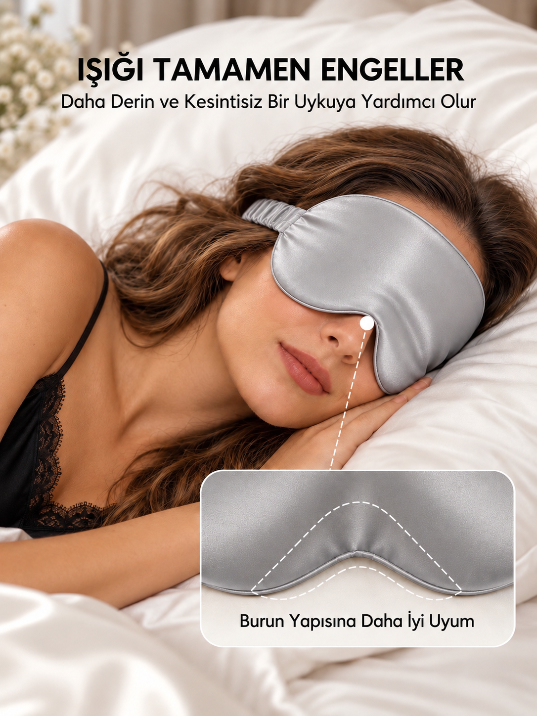 Gümüş Gri - 'Sleep & Glow' 19 momme Uyku Maskesi - Elastik Bantlı