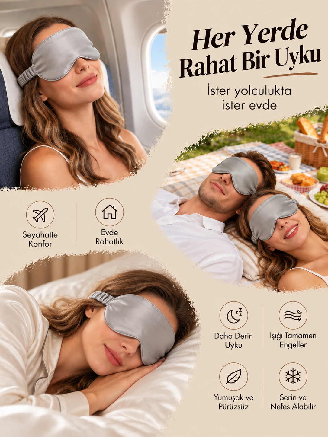 Gümüş Gri - 'Sleep & Glow' 19 momme Uyku Maskesi - Elastik Bantlı