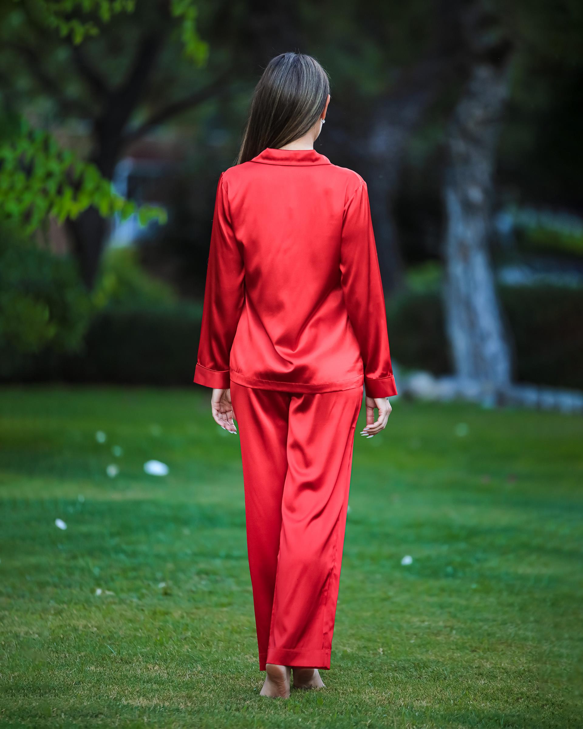 Kırmızı Saf İpek Saten Pijama Takımı