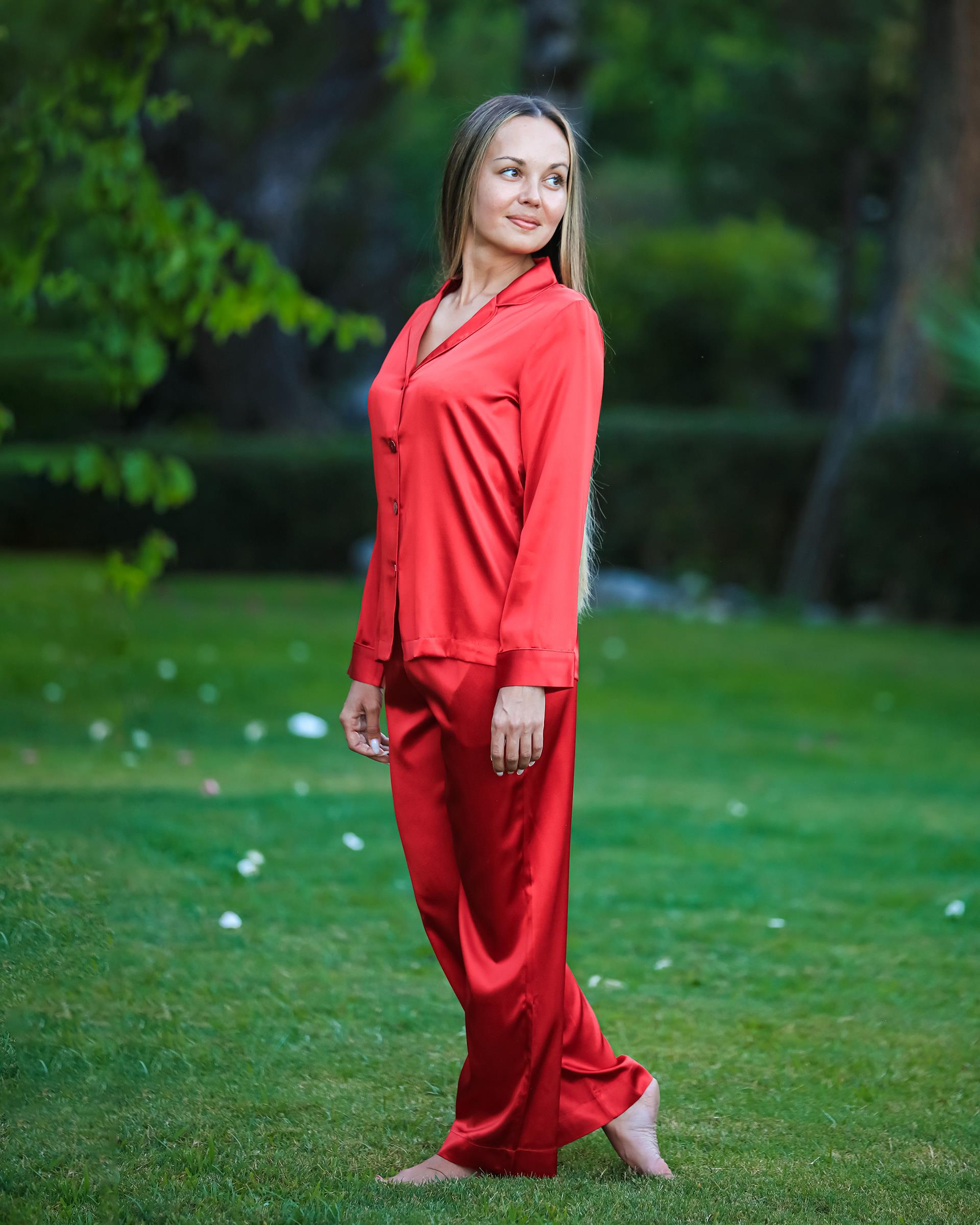 Kırmızı Saf İpek Saten Pijama Takımı