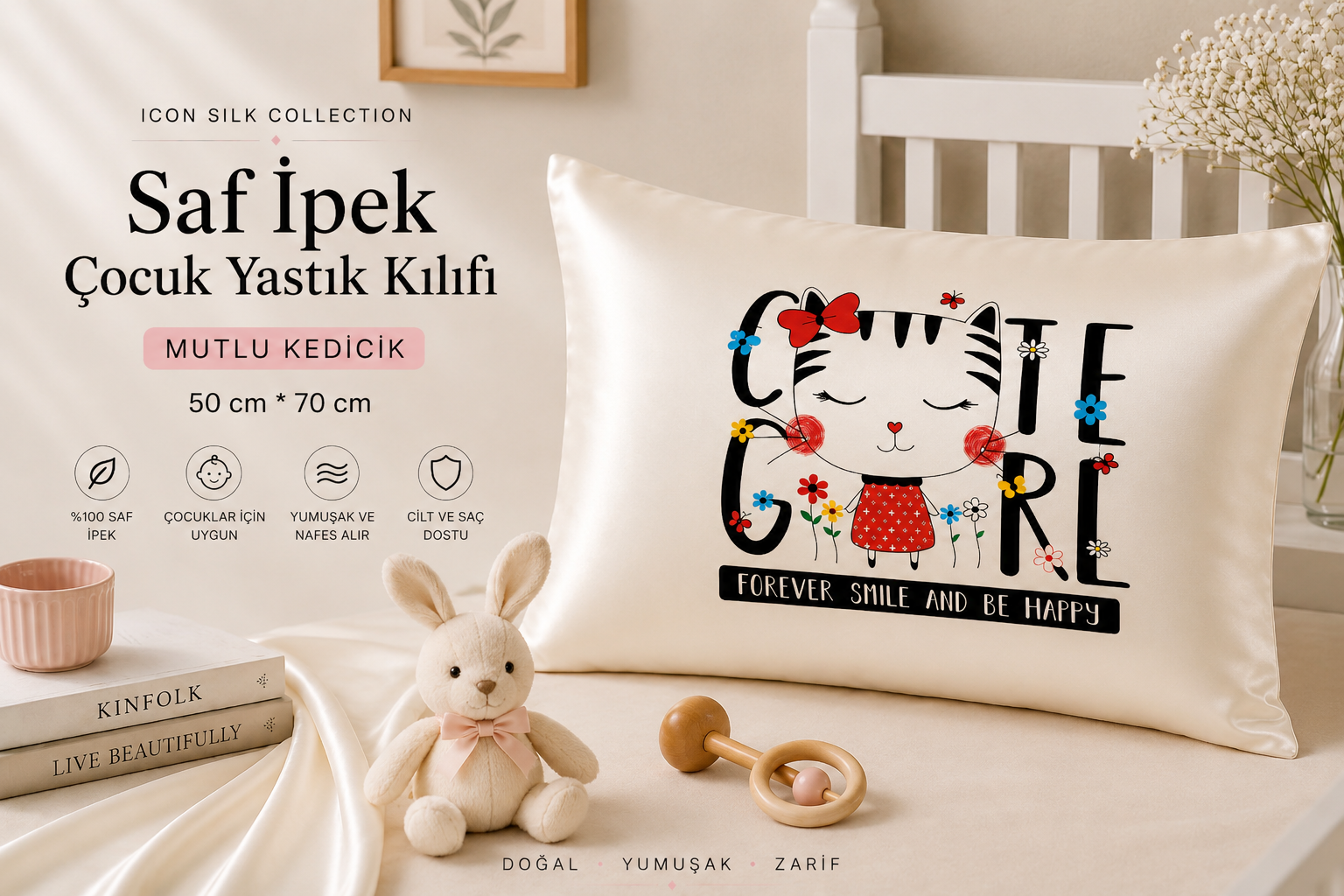 Mutlu Kedicik - Saf İpek Çocuk Yastık Kılıfı 