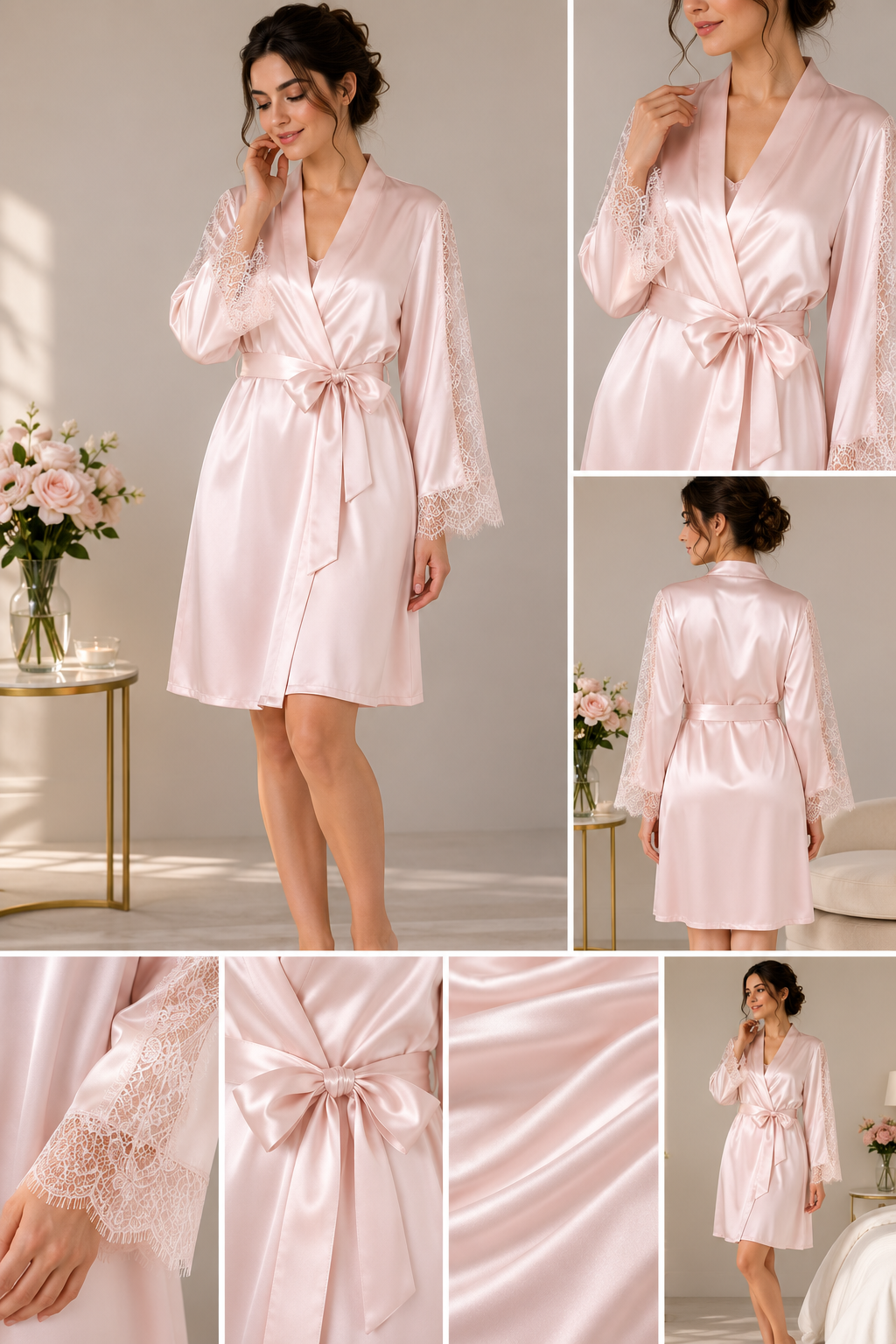 Pudra Pembe %100 Saf İpek Kimono Sabahlık