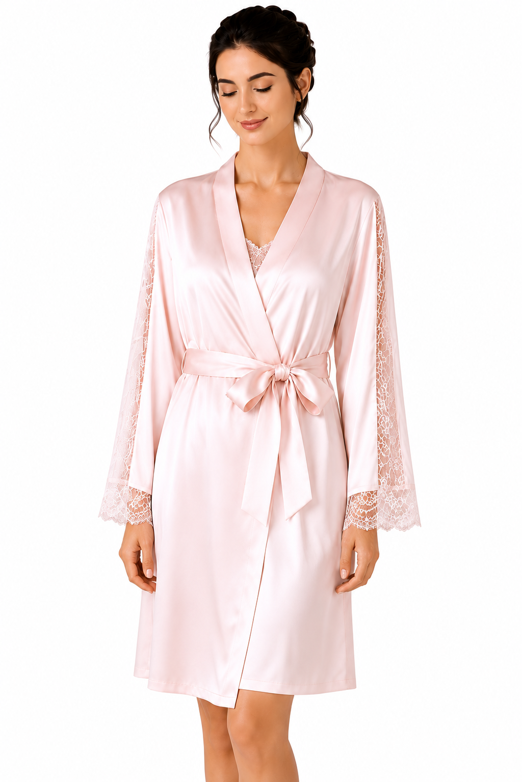 Pudra Pembe %100 Saf İpek Kimono Sabahlık