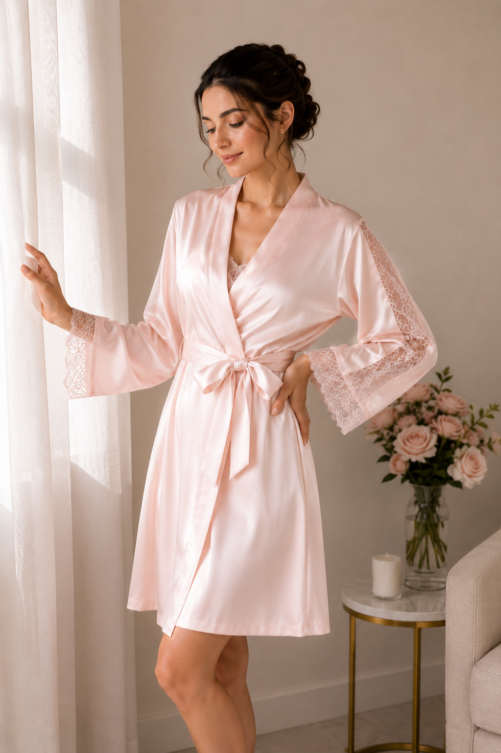 Pudra Pembe %100 Saf İpek Kimono Sabahlık