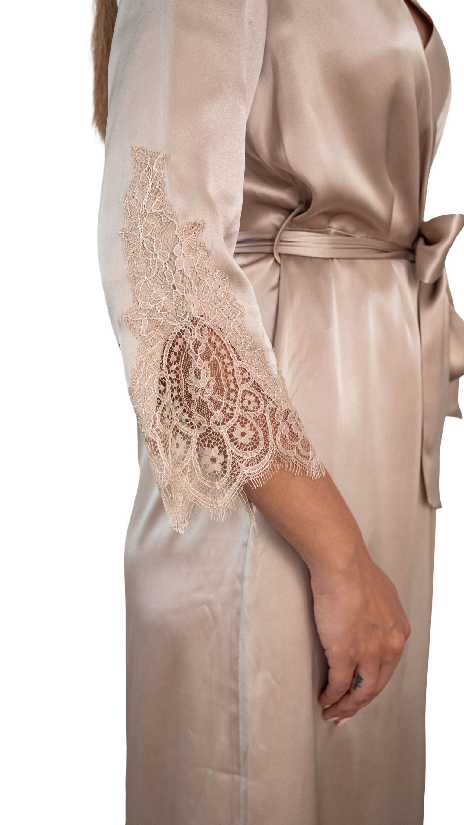 Sand Long Silk Robe with Lace Detail 