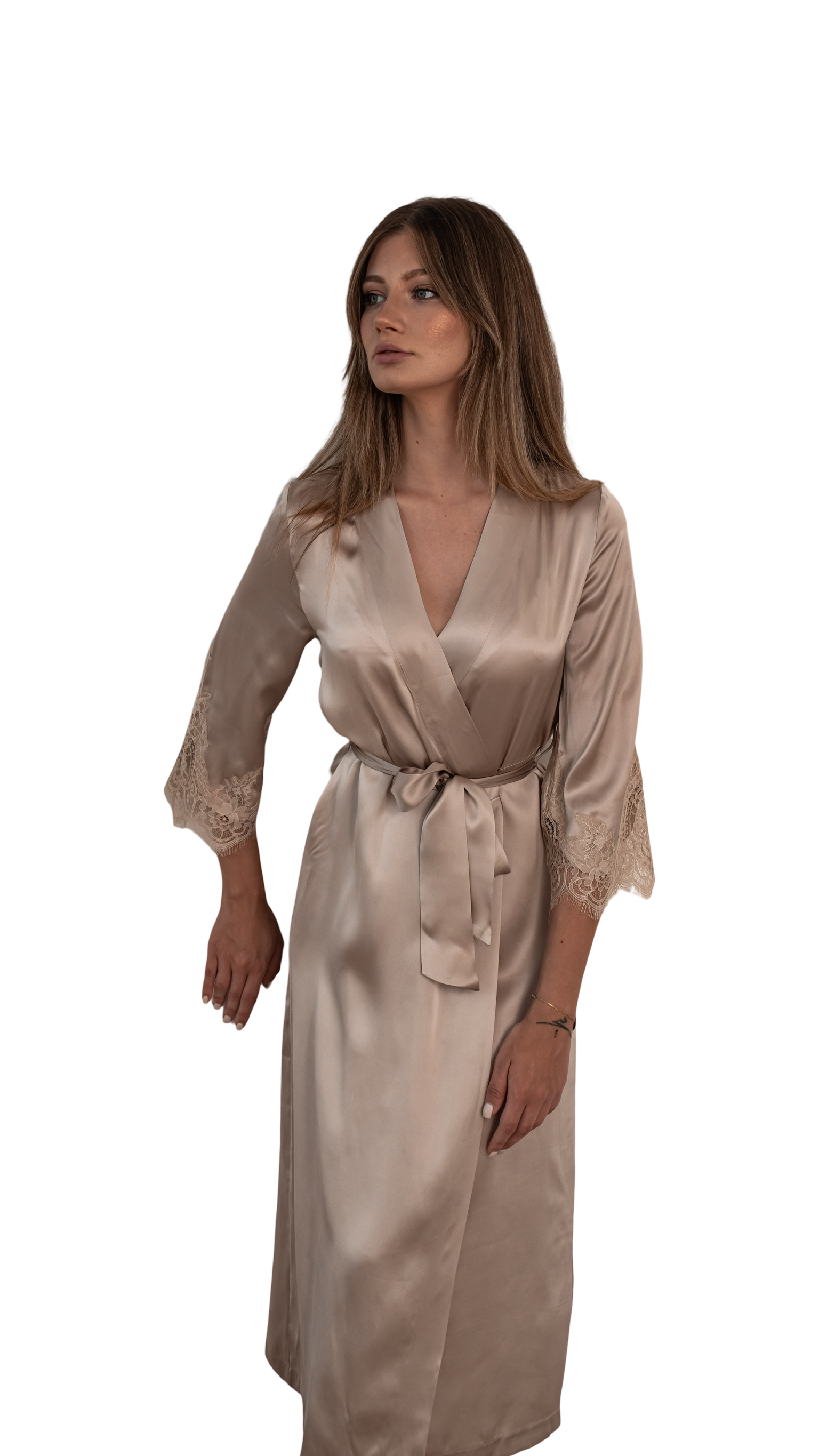 Sand Long Silk Robe with Lace Detail 