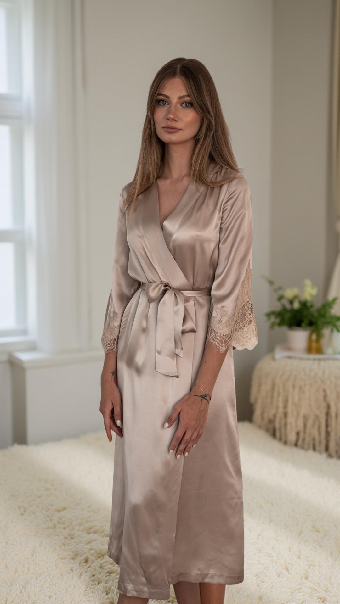 Sand Long Silk Robe with Lace Detail 