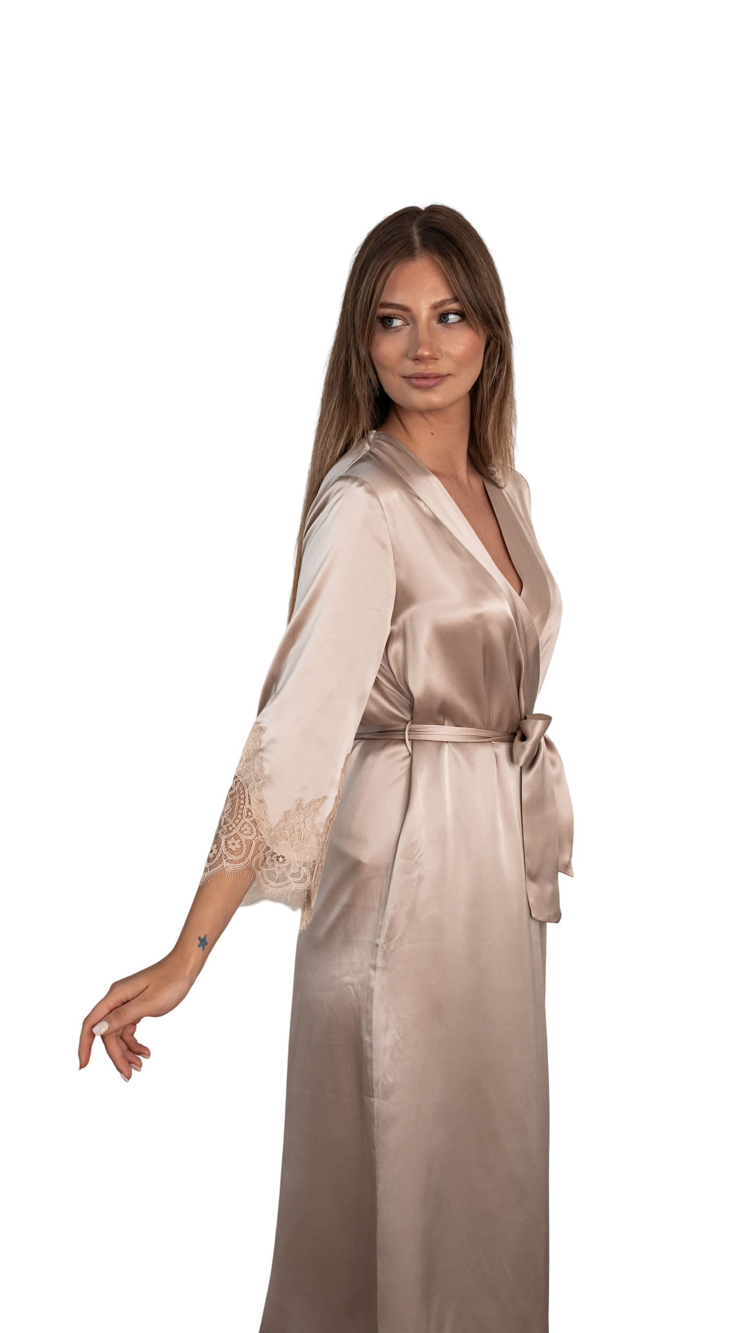 Sand Long Silk Robe with Lace Detail 