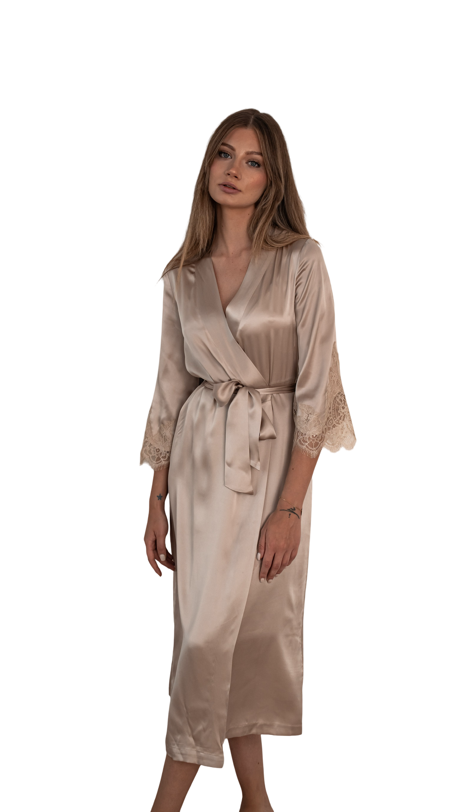 Sand Long Silk Robe with Lace Detail 