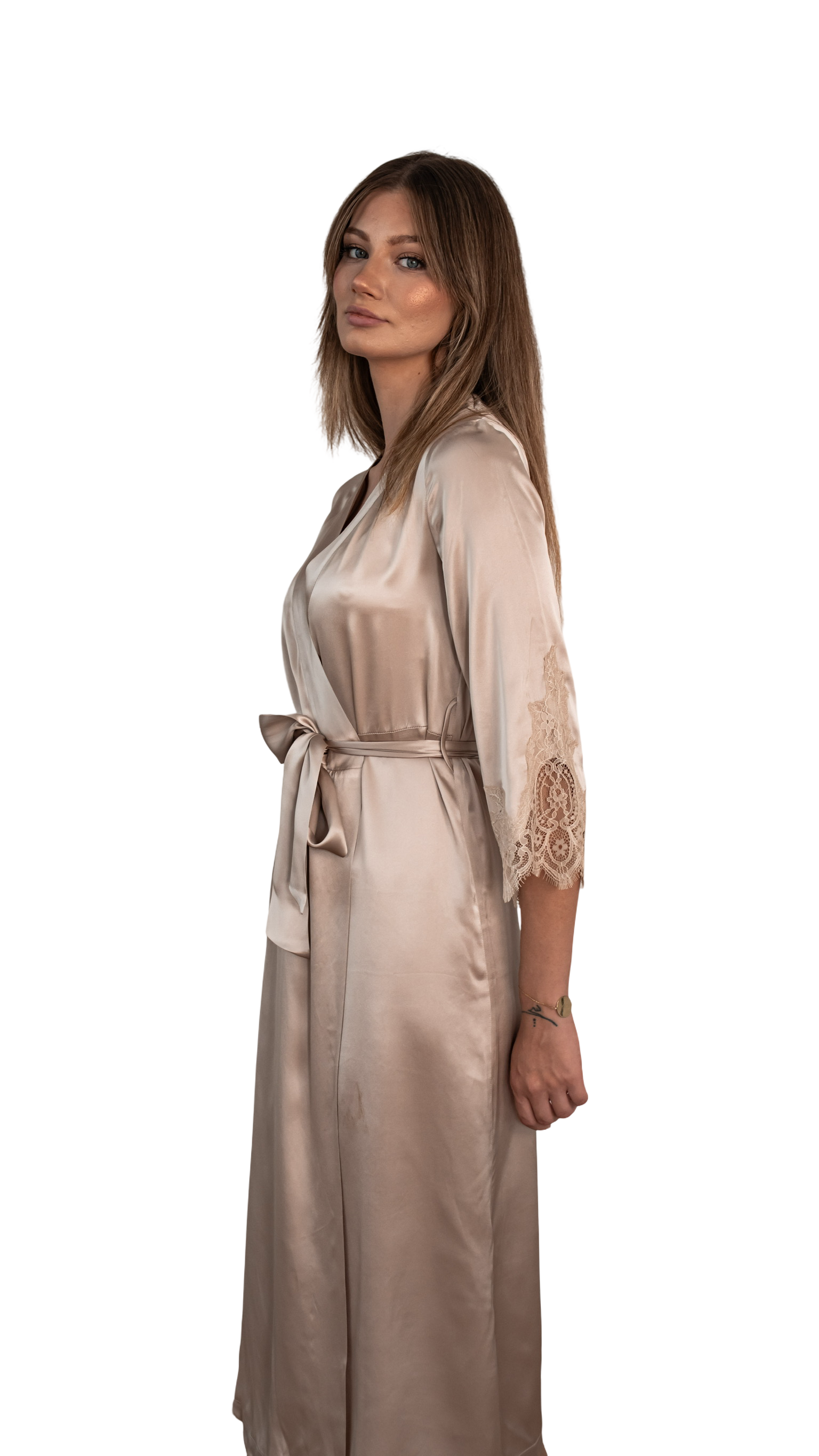 Sand Long Silk Robe with Lace Detail 