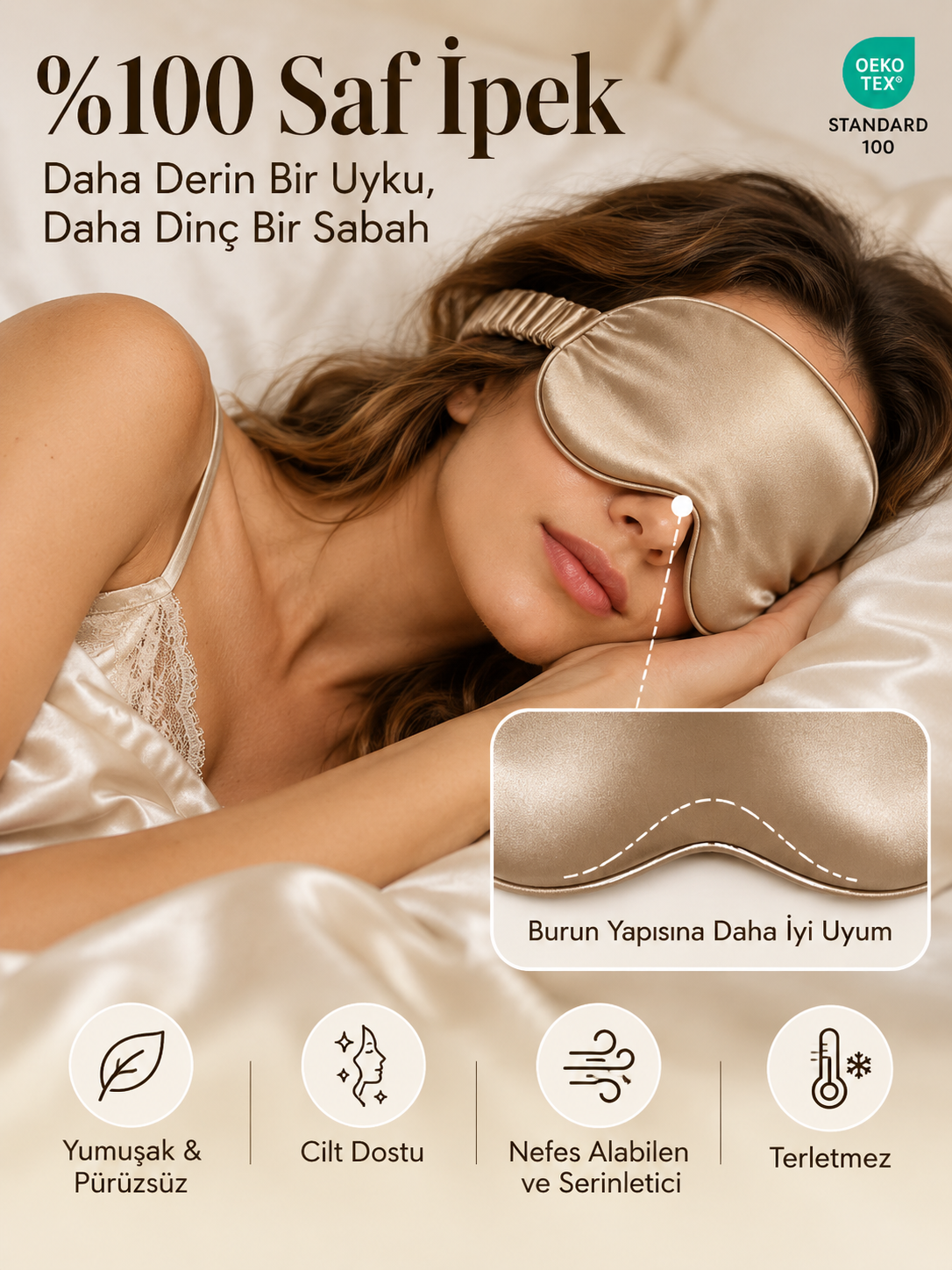Şampanya İnci - 'Sleep & Glow' 19 momme Uyku Maskesi - Elastik Bantlı 