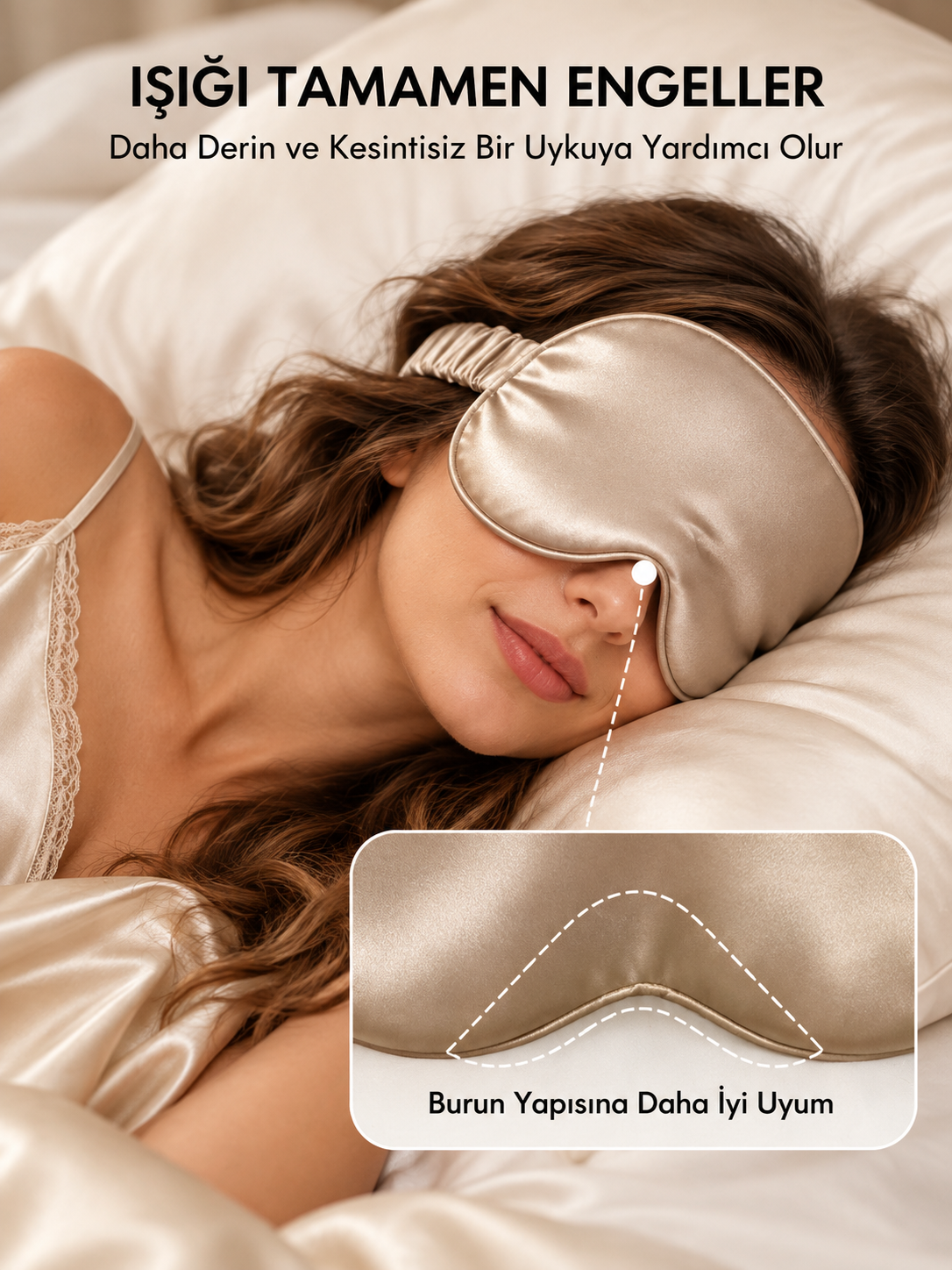 Şampanya İnci - 'Sleep & Glow' 19 momme Uyku Maskesi - Elastik Bantlı 