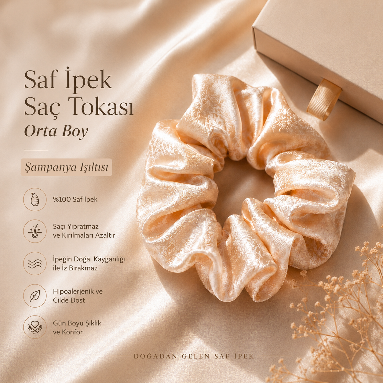 Şampanya Işıltısı - Saf İpek Saç Tokası Orta Boy