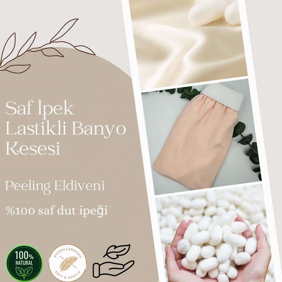 Şampanya Pembesi - Saf Dut İpeği Lastikli Banyo Kesesi 