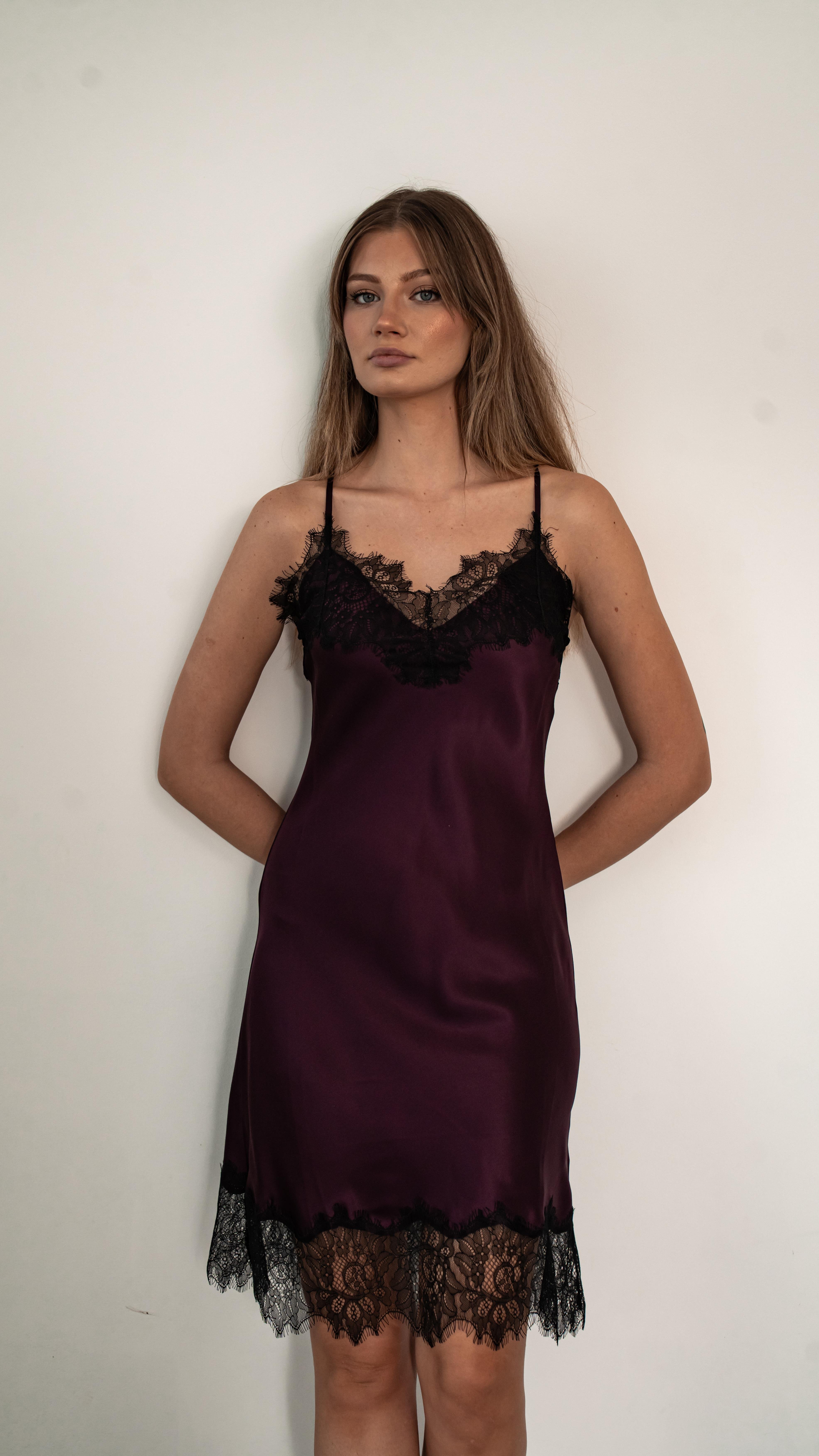  Wine Color Silk Slip Dress with Lace Detail 
