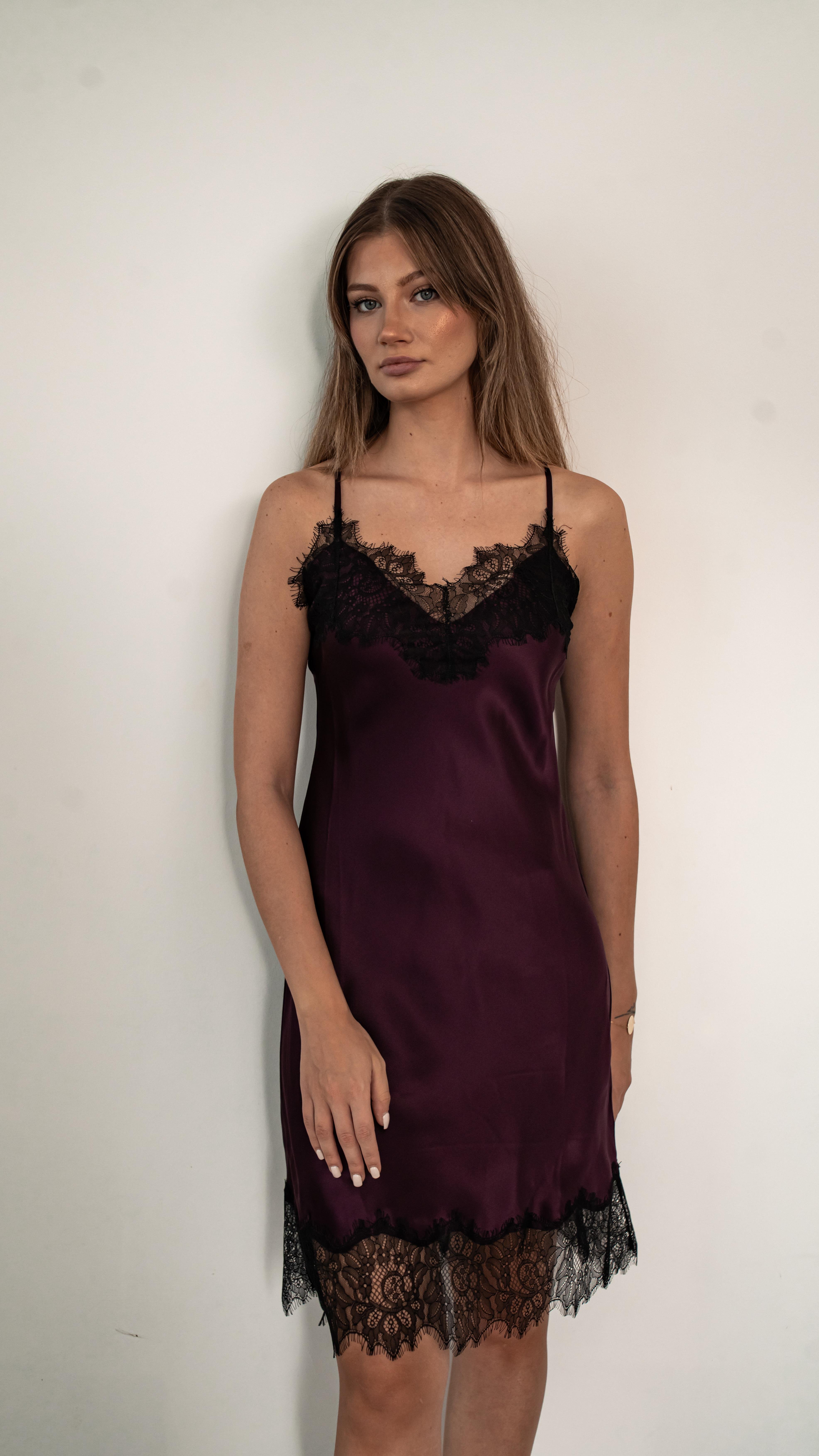  Wine Color Silk Slip Dress with Lace Detail 