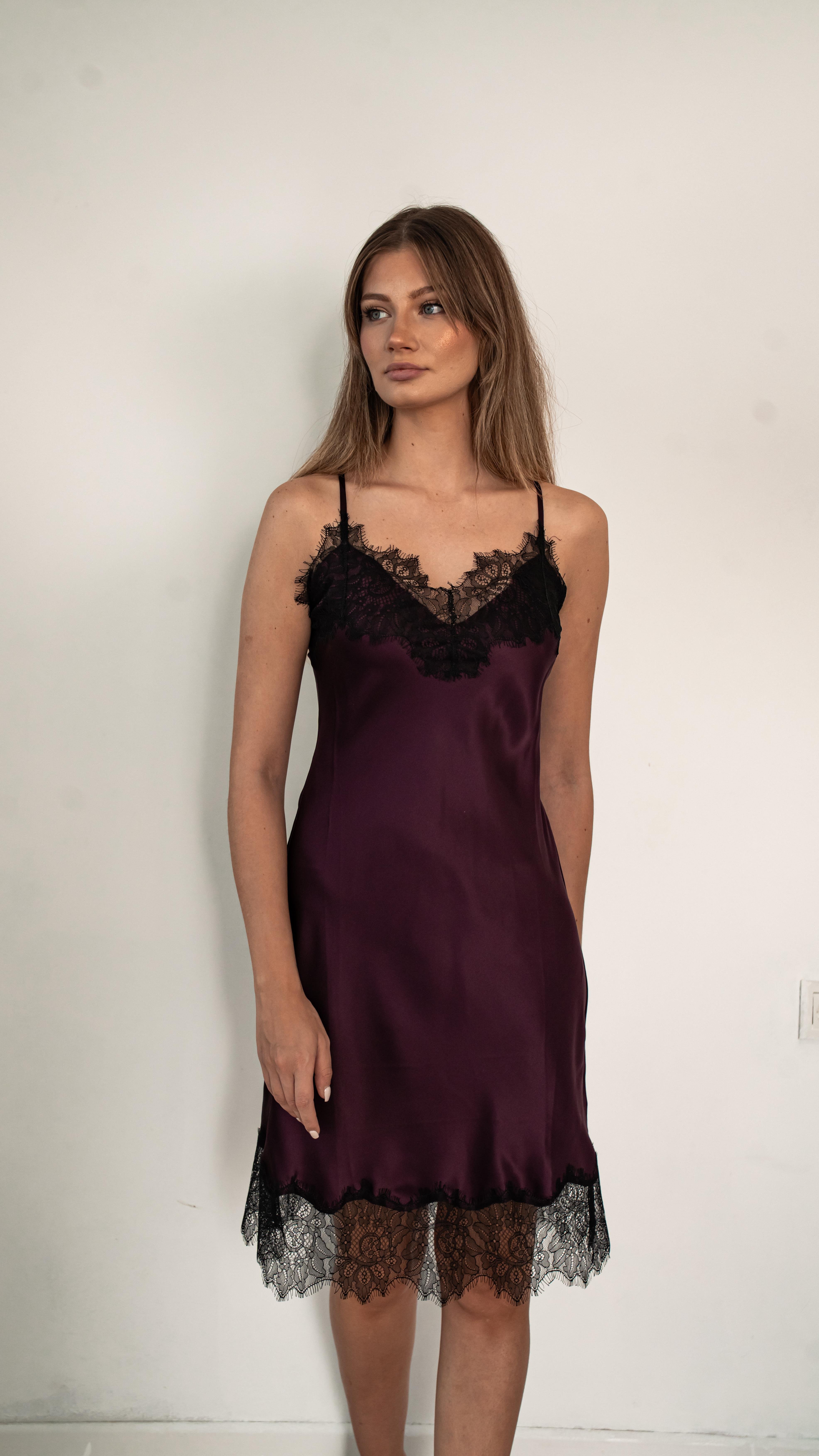  Wine Color Silk Slip Dress with Lace Detail 
