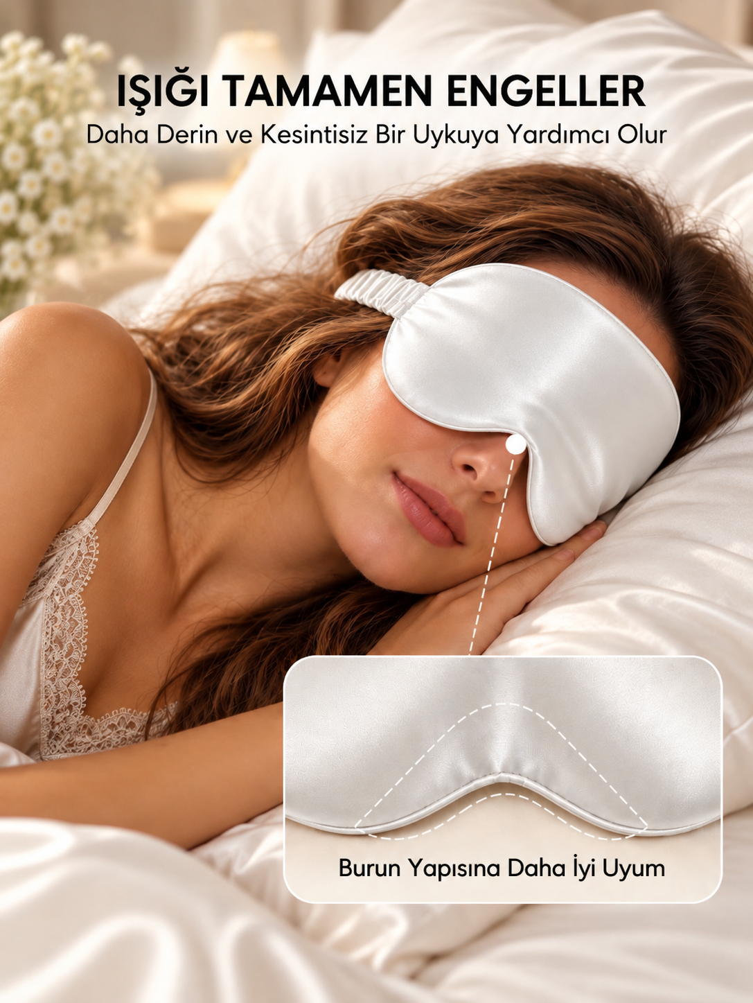 Sedef Beyazı - 'Sleep & Glow' 19 momme Uyku Maskesi - Elastik Bantlı