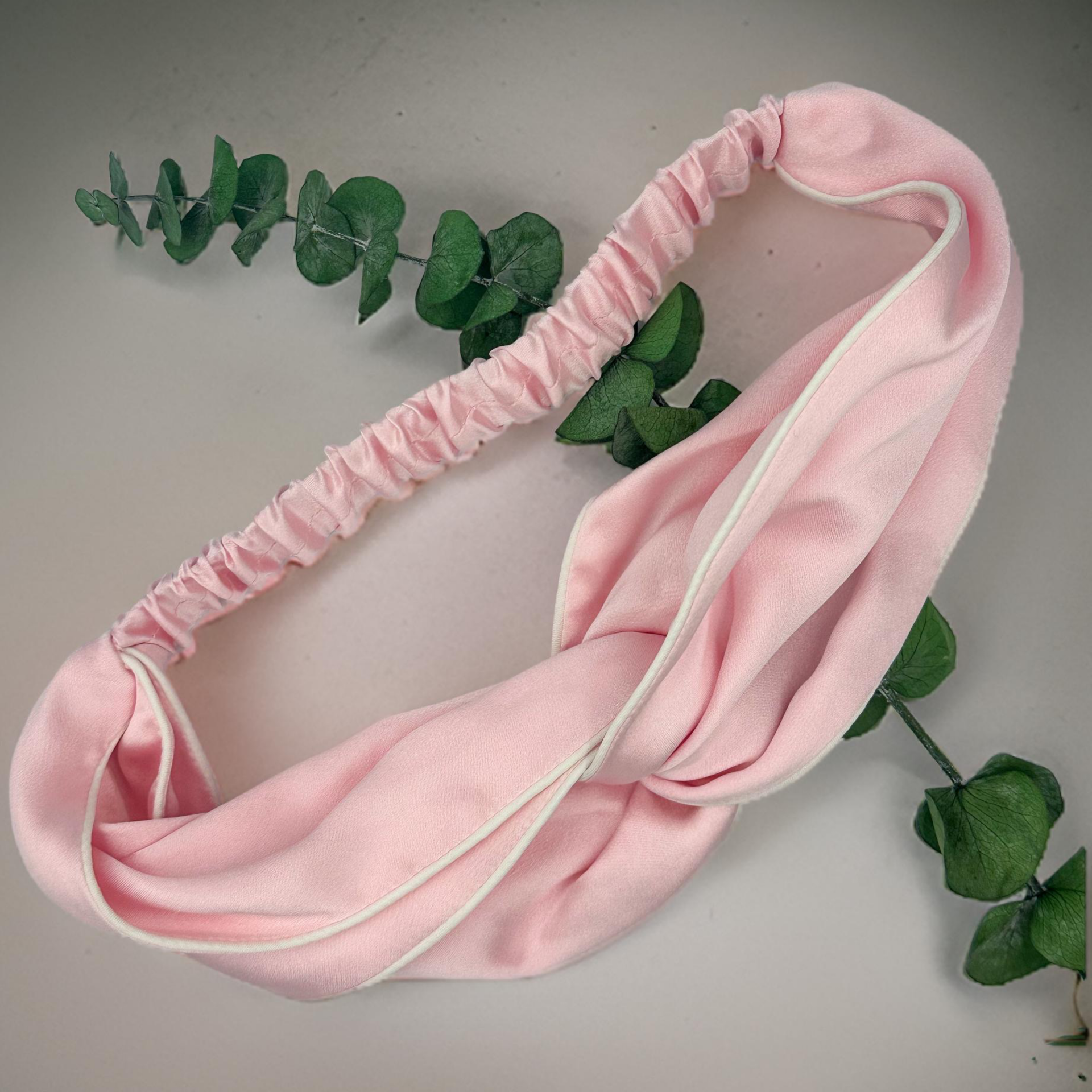 Sedefli Pembe Beyaz Biyeli - Saf İpek Saç Bandı 