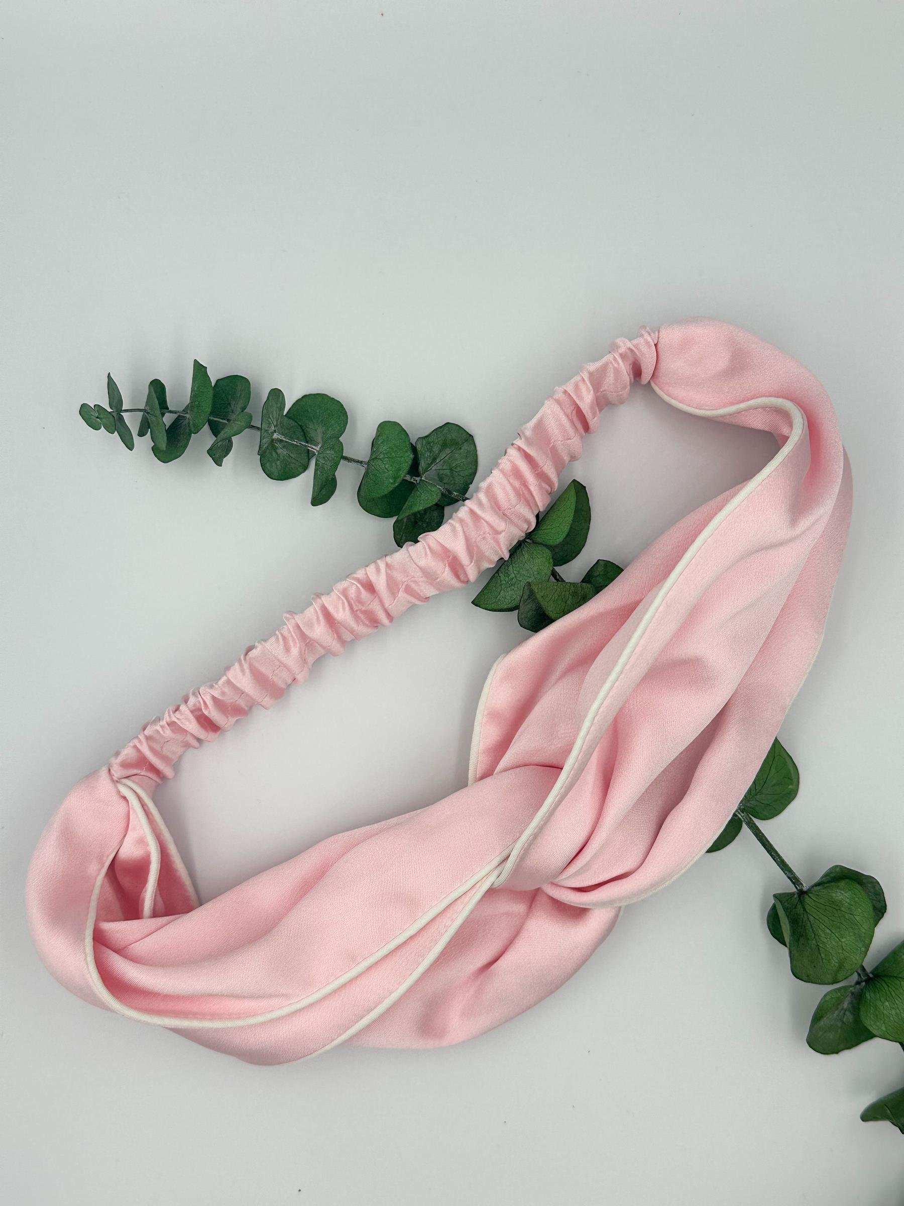 Sedefli Pembe Beyaz Biyeli - Saf İpek Saç Bandı 