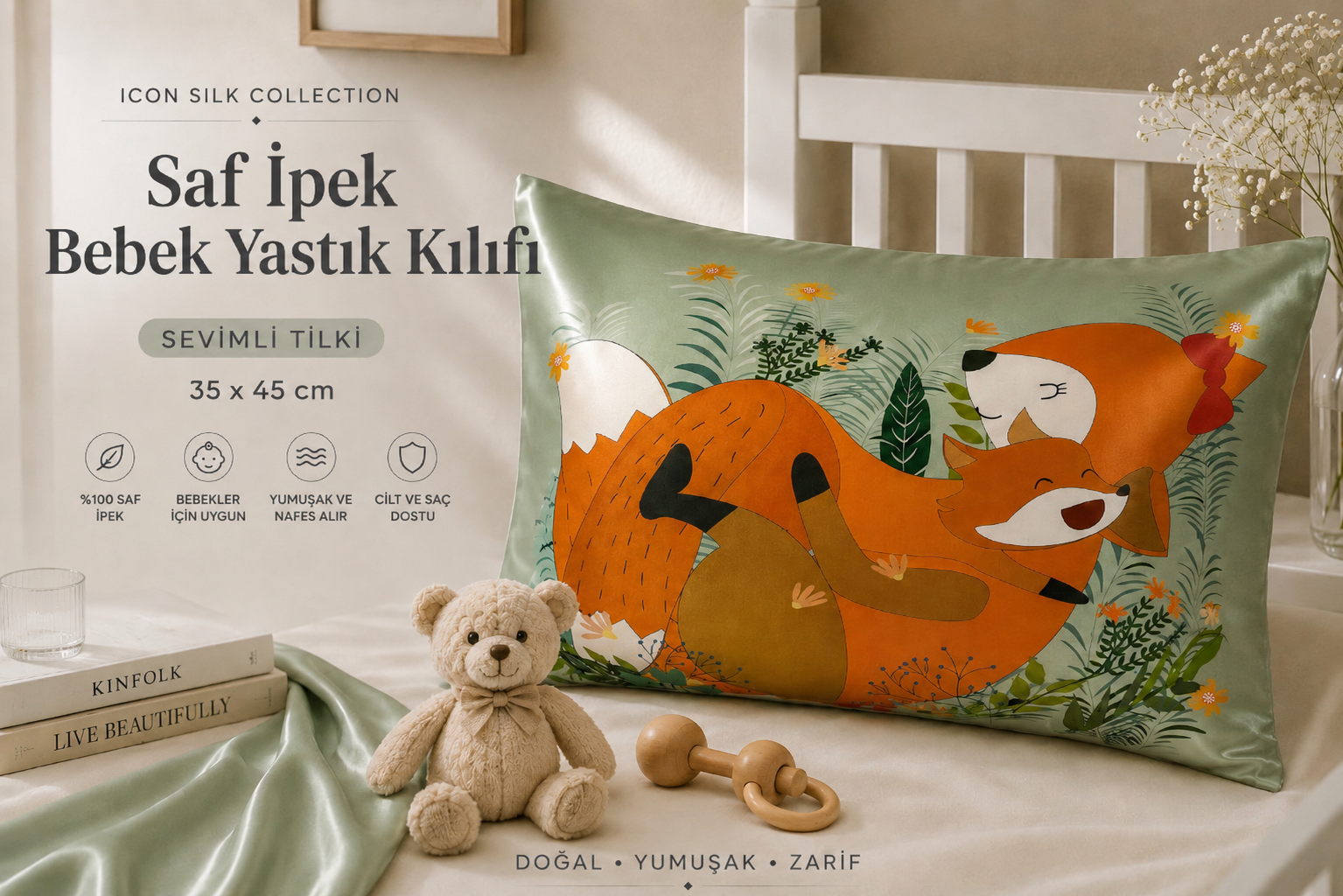 Sevimli Tilki - Saf İpek Bebek Yastık Kılıfı 