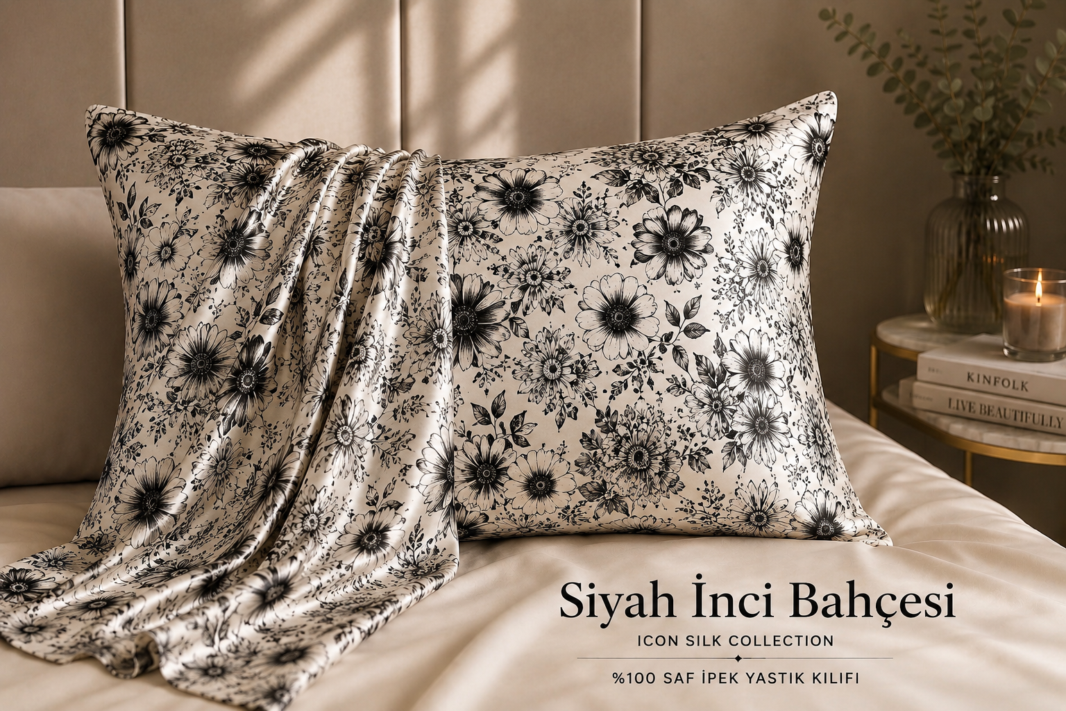 Siyah İnci Bahçesi - 'Sleep & Glow' Saf İpek Fermuarlı Yastık Kılıfı 