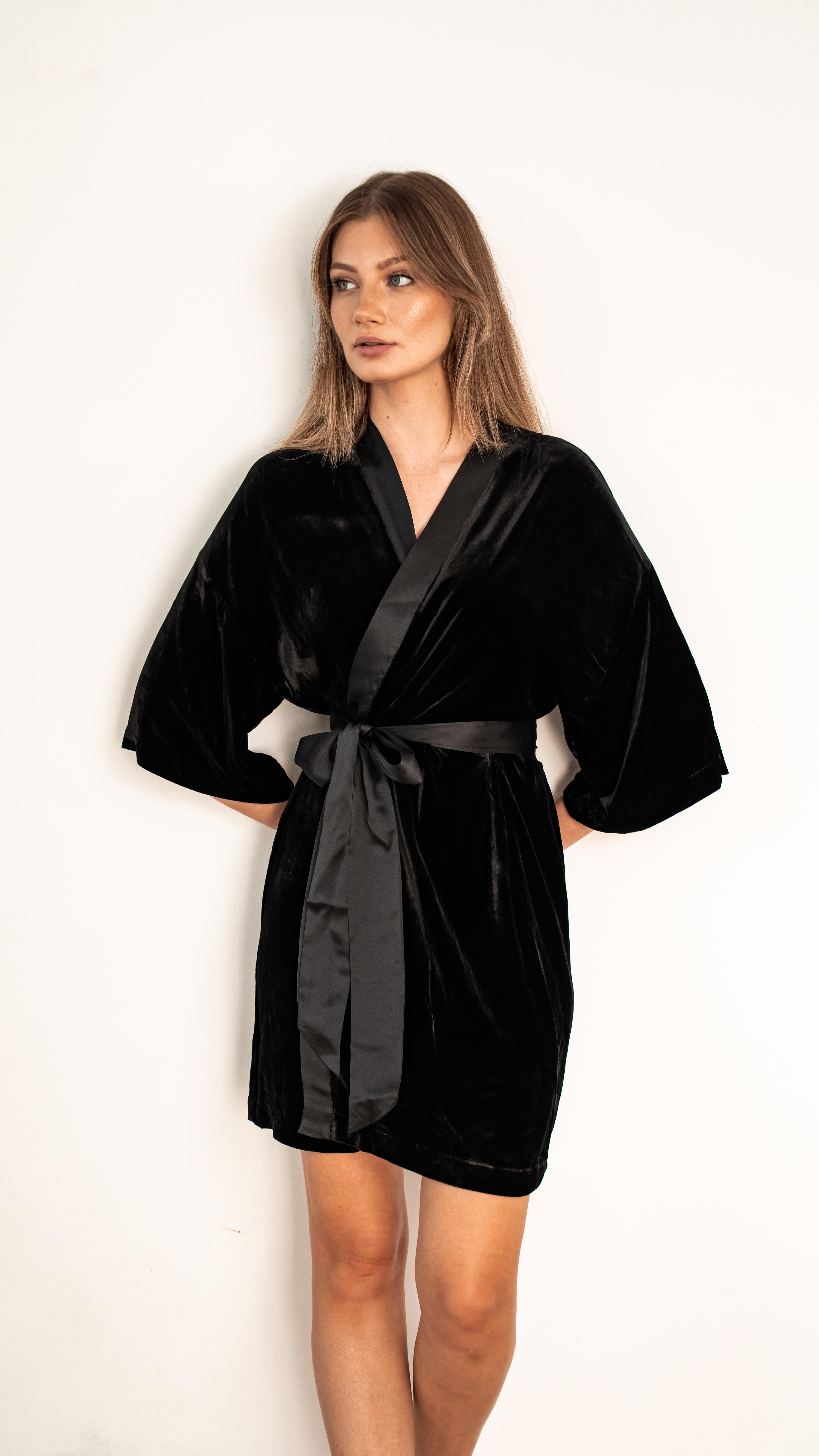 Black Velvet Silk Kimono Robe