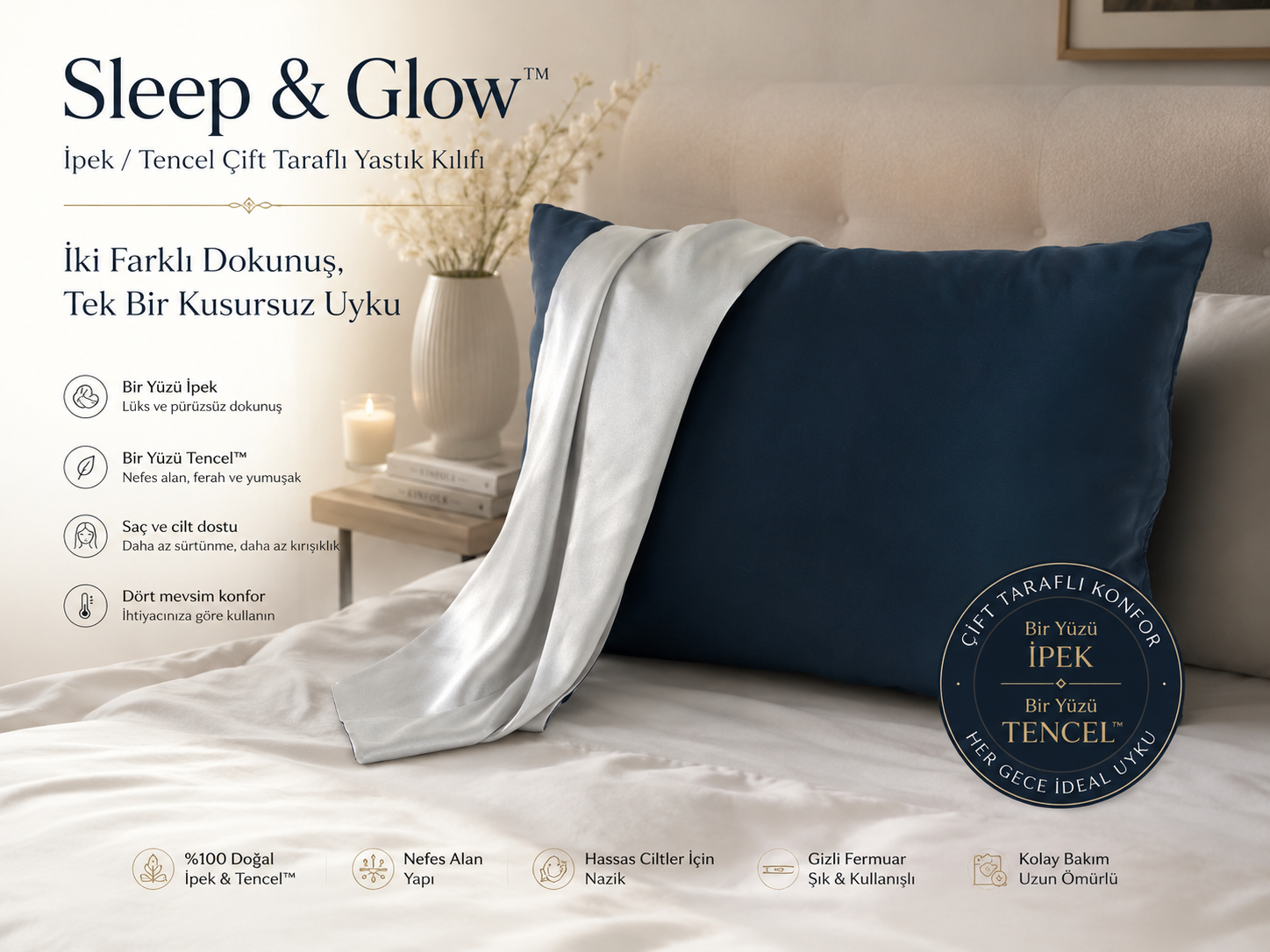 Silver Grey + Navy Dual Sided 19 Momme Silk Pillowcase 