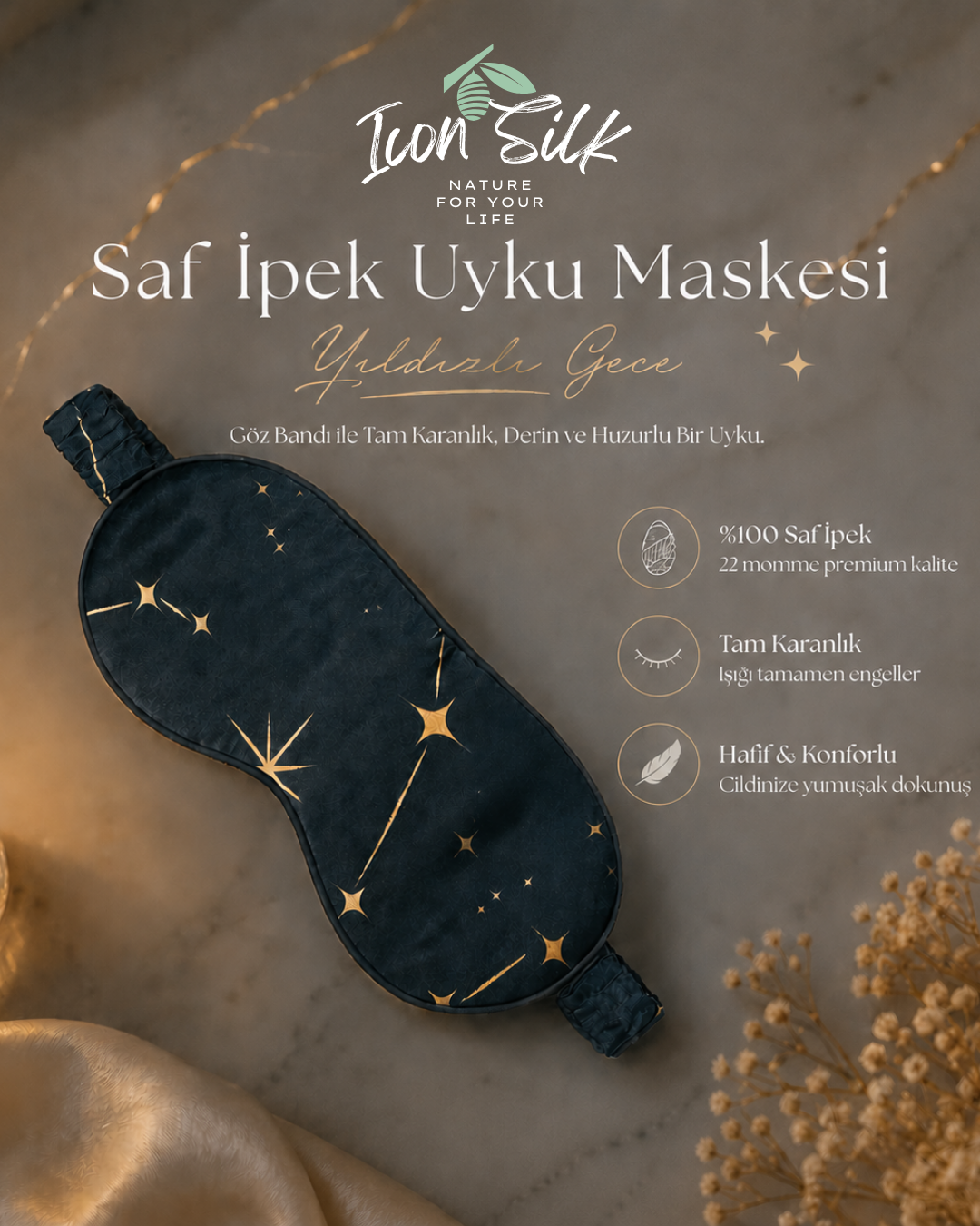 Starry Night Saf İpek Uyku Maskesi Göz Bandı 