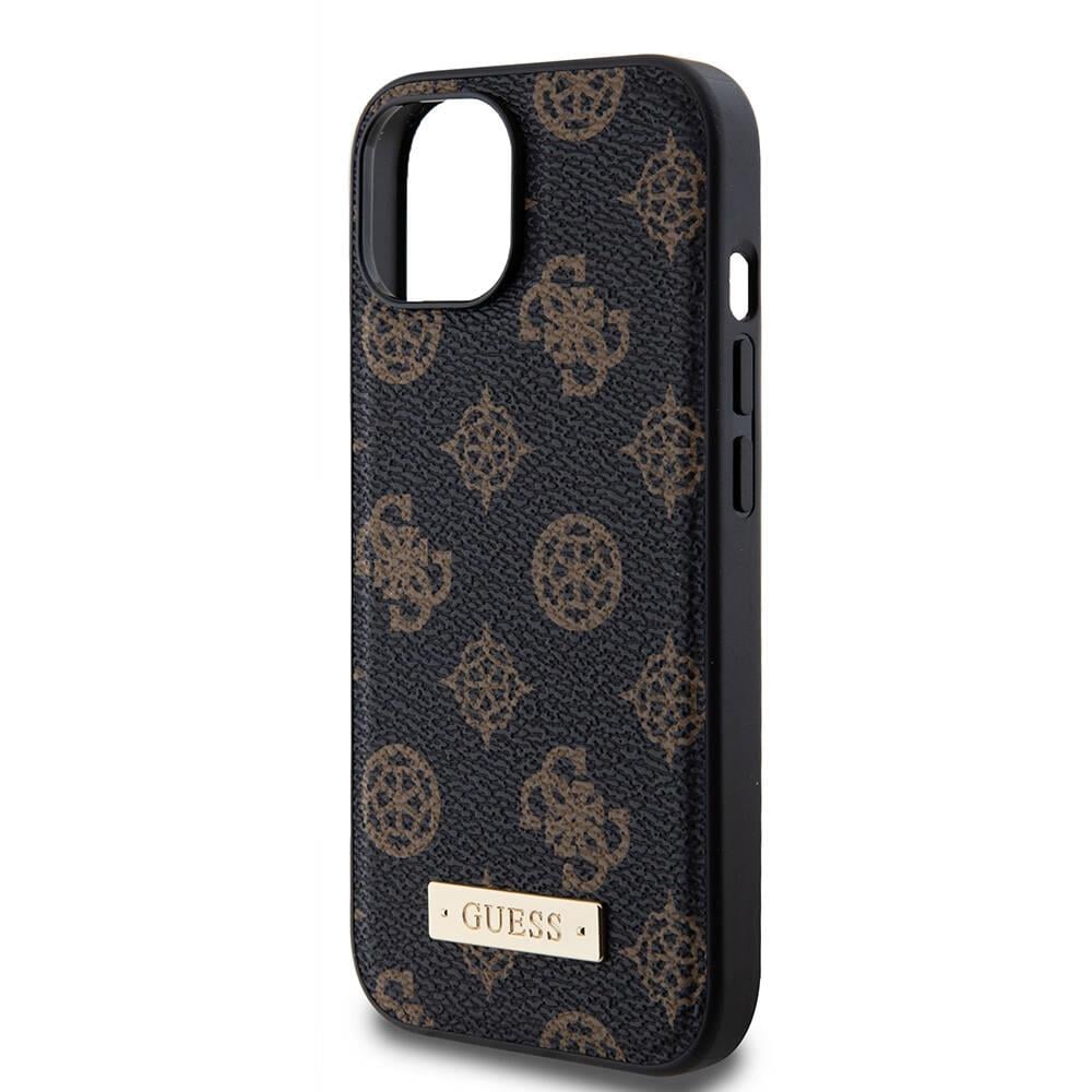 Apple iPhone 14 Kılıf Guess M-safe Şarj Özellikli PU Deri Desenli Metal Plaka Logolu Kapak