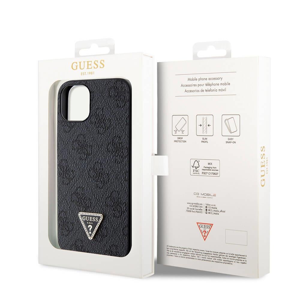 Apple iPhone 14 Kılıf Guess Orjinal Lisanslı PU Deri Taşlı Üçgen Logo 4G Desenli Kapak