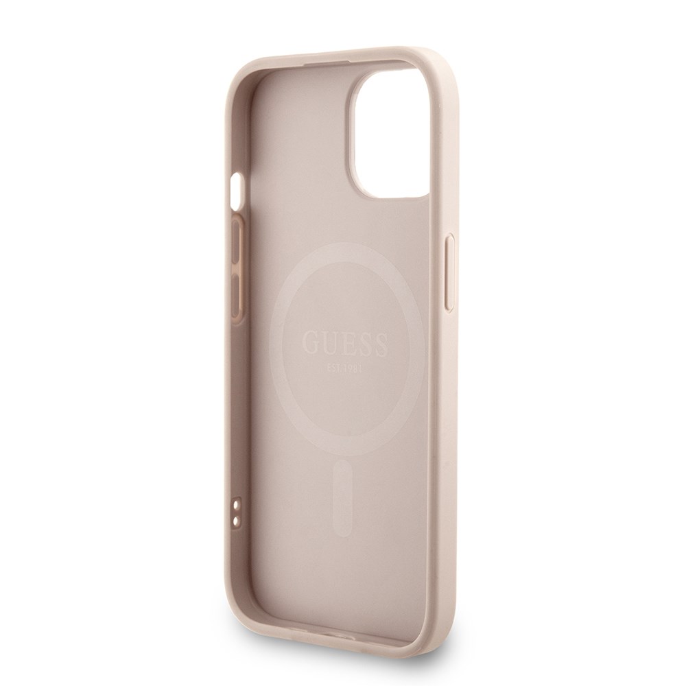Apple iPhone 14 Kılıf Guess Orjinal Lisanslı M-safe Şarj Özellikli PU Deri Bilek Askı İpli Yazı Logolu Kapak