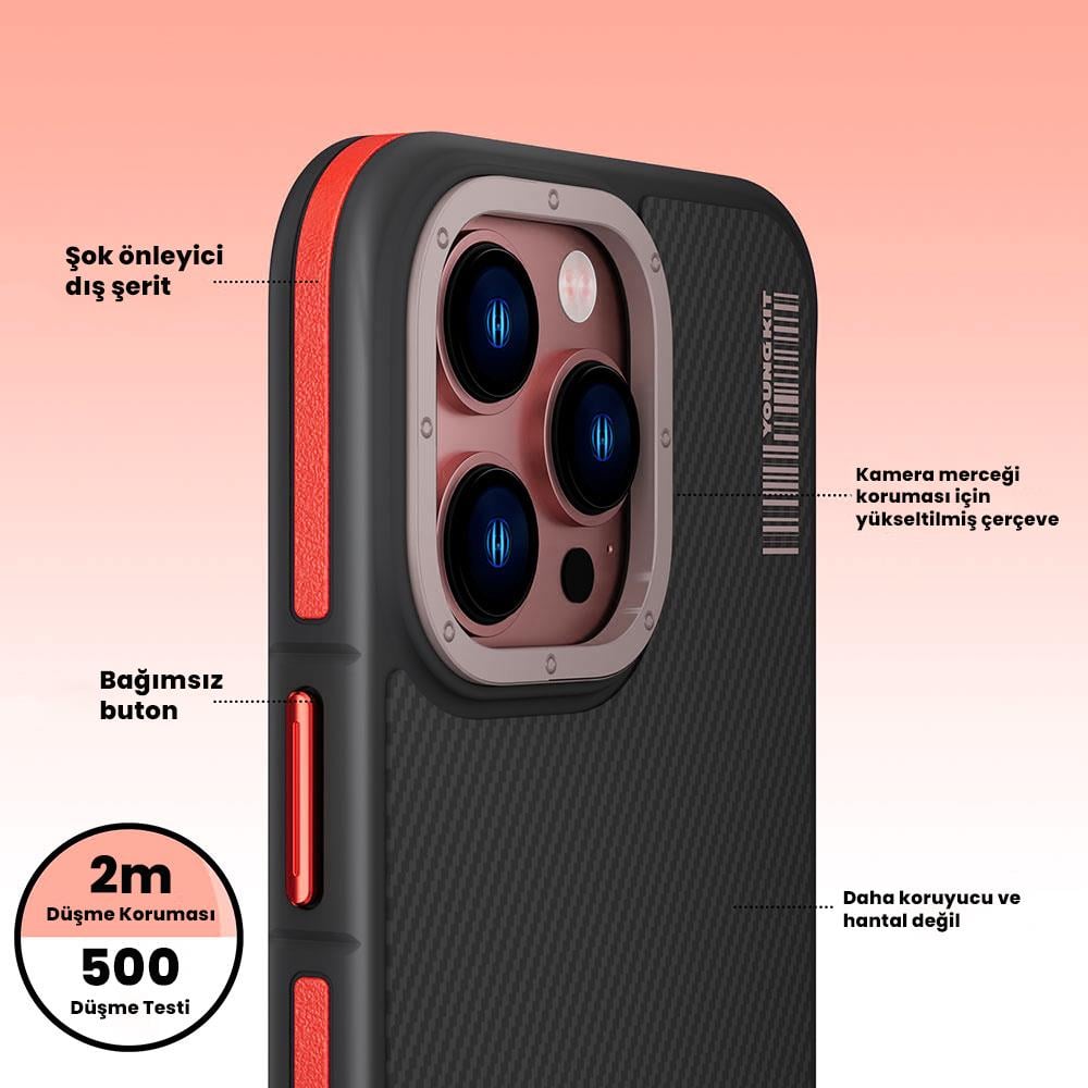 Apple iPhone 14 Pro Kılıf M-safe Şarj Özellikli YoungKit 600D Kevlar Kapak