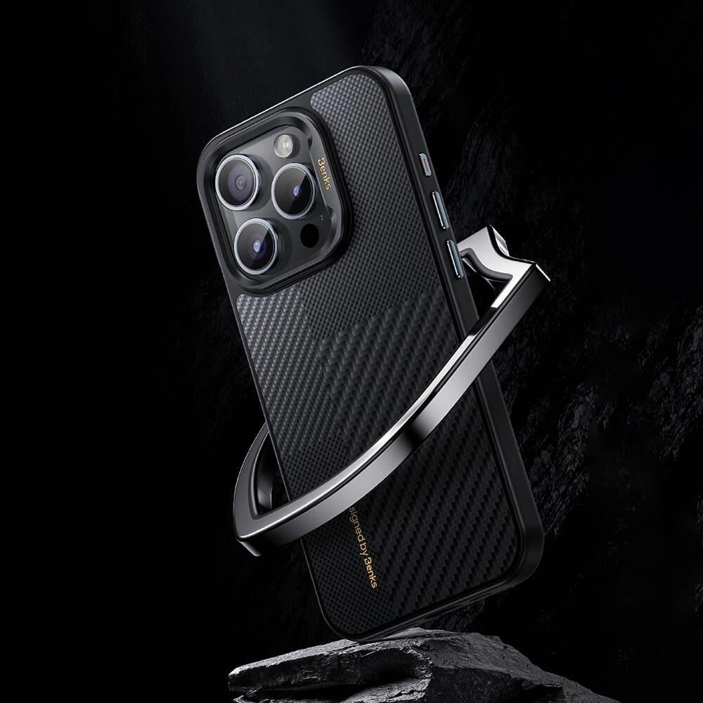 Apple iPhone 14 Pro Kılıf M-safe Şarj Özellikli Karbon Fiber Benks Montage Hybrid ArmorPro Kevlar Kapak