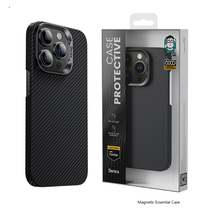 Apple iPhone 14 Pro Kılıf M-safe Şarj Özellikli Karbon Fiber Benks MFM Lisanslı 600D Essential Kevlar Kapak